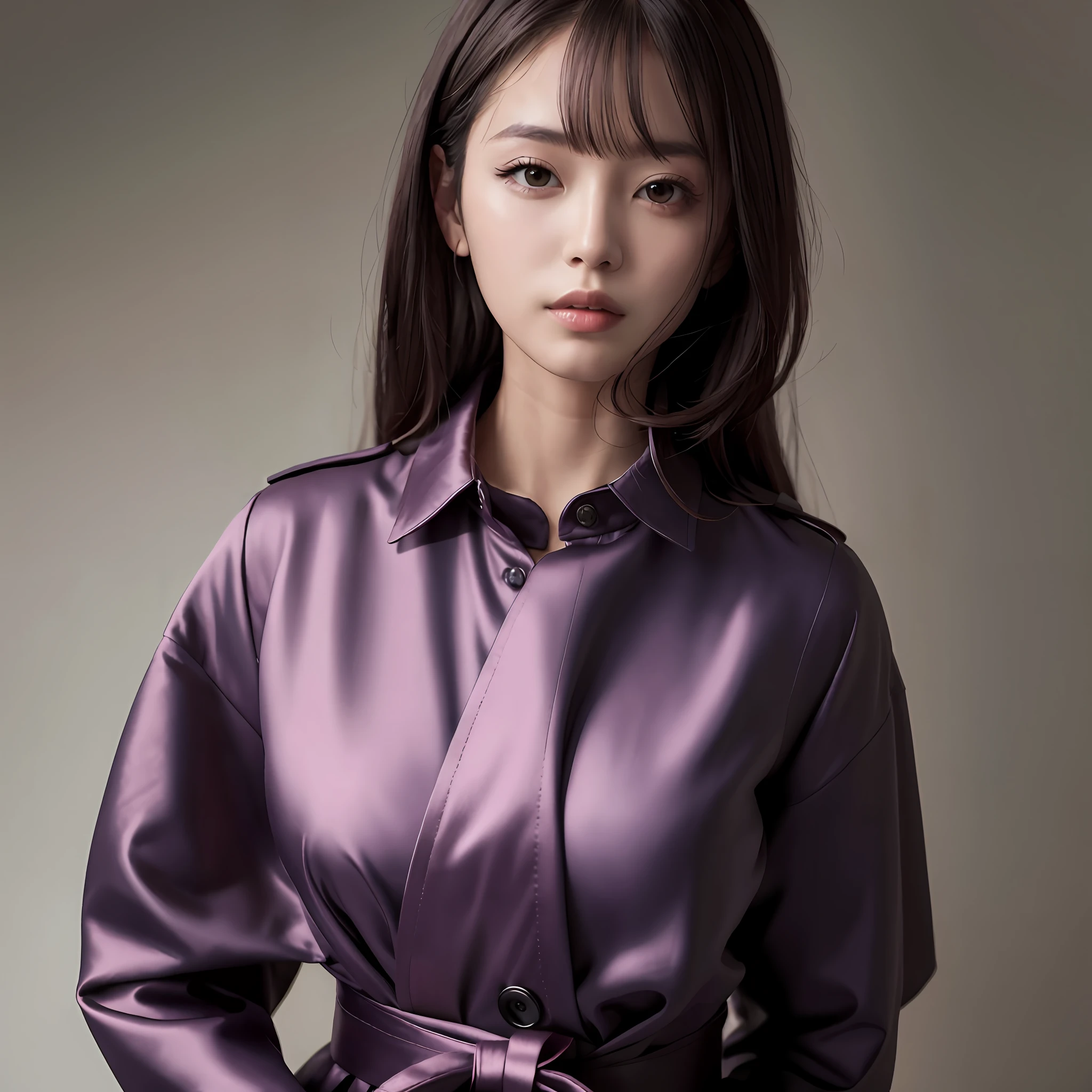 Wearing a satin blouse, also wearing a satent wrench coat, the material of the blouse and trench coat is satin, strong glossy, soft and smooth and smooth to the touch, the buttons on the front of the blouse are fastened, no bra is on, the blouse is fit the body, the chest is C cup, Japan fashion model, wearing a shirt, wearing a coat, one beautiful woman
