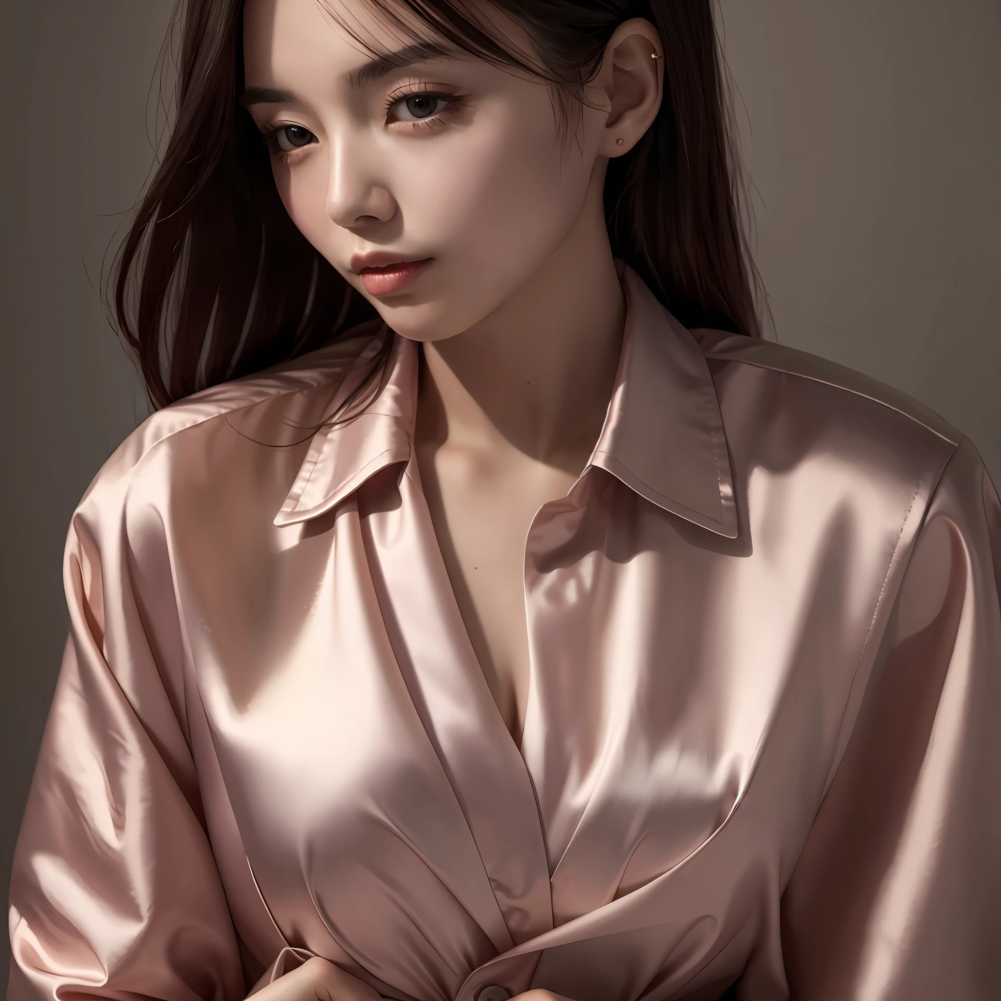 Wearing a satin blouse, also wearing a satent wrench coat, the material of the blouse and trench coat is satin, strong glossy, soft and smooth and smooth to the touch, the buttons on the front of the blouse are fastened, no bra is on, the blouse is fit the body, the chest is C cup, Japan fashion model, wearing a shirt, wearing a coat, one beautiful woman