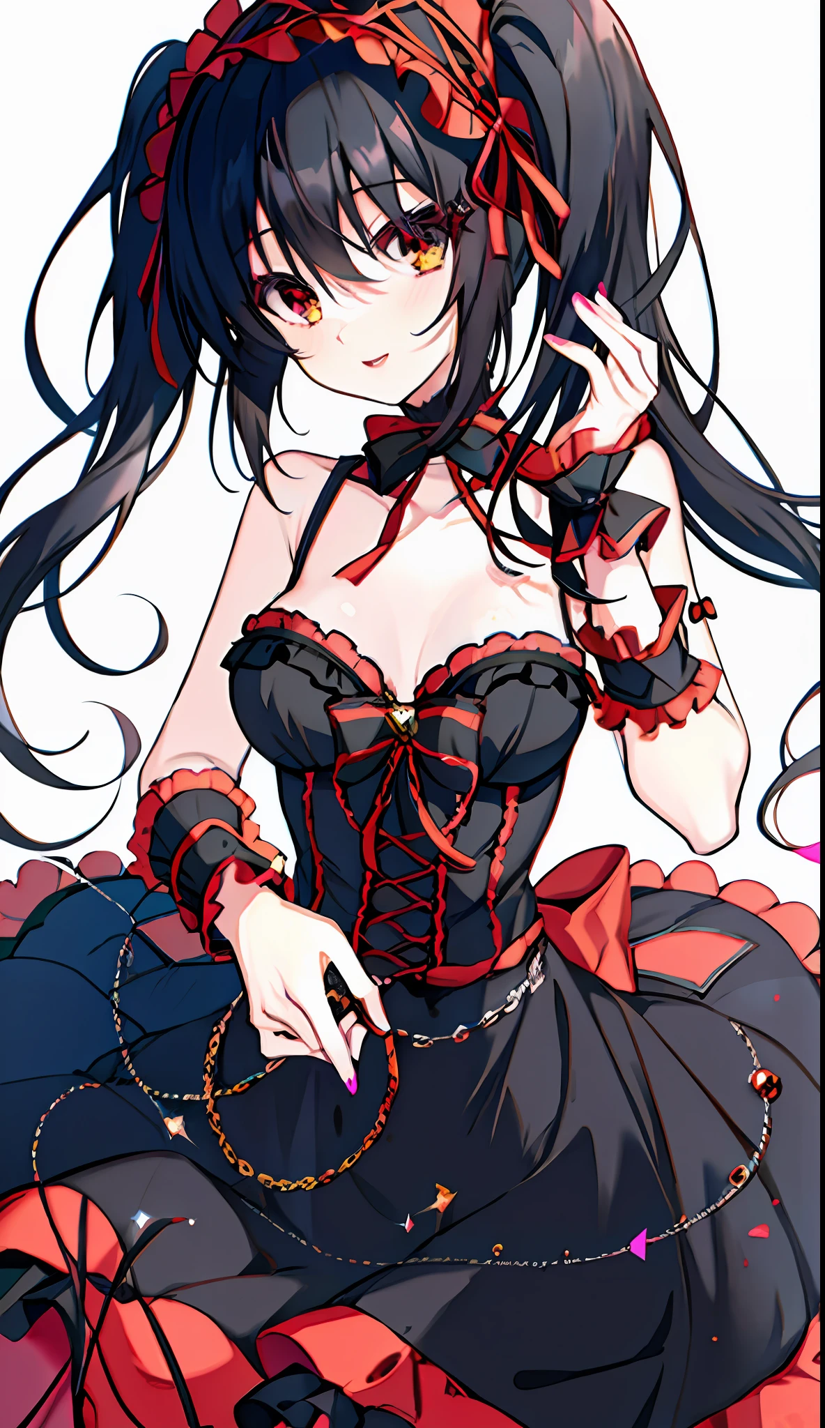 18 year old beautiful girl, masterpiece, top quality, 8K anime, 1 girl, detailed fingers, precise fingers, not unnatural hands, odd eyes, black hair twin tails, kurumi tokizaki, large breasts,