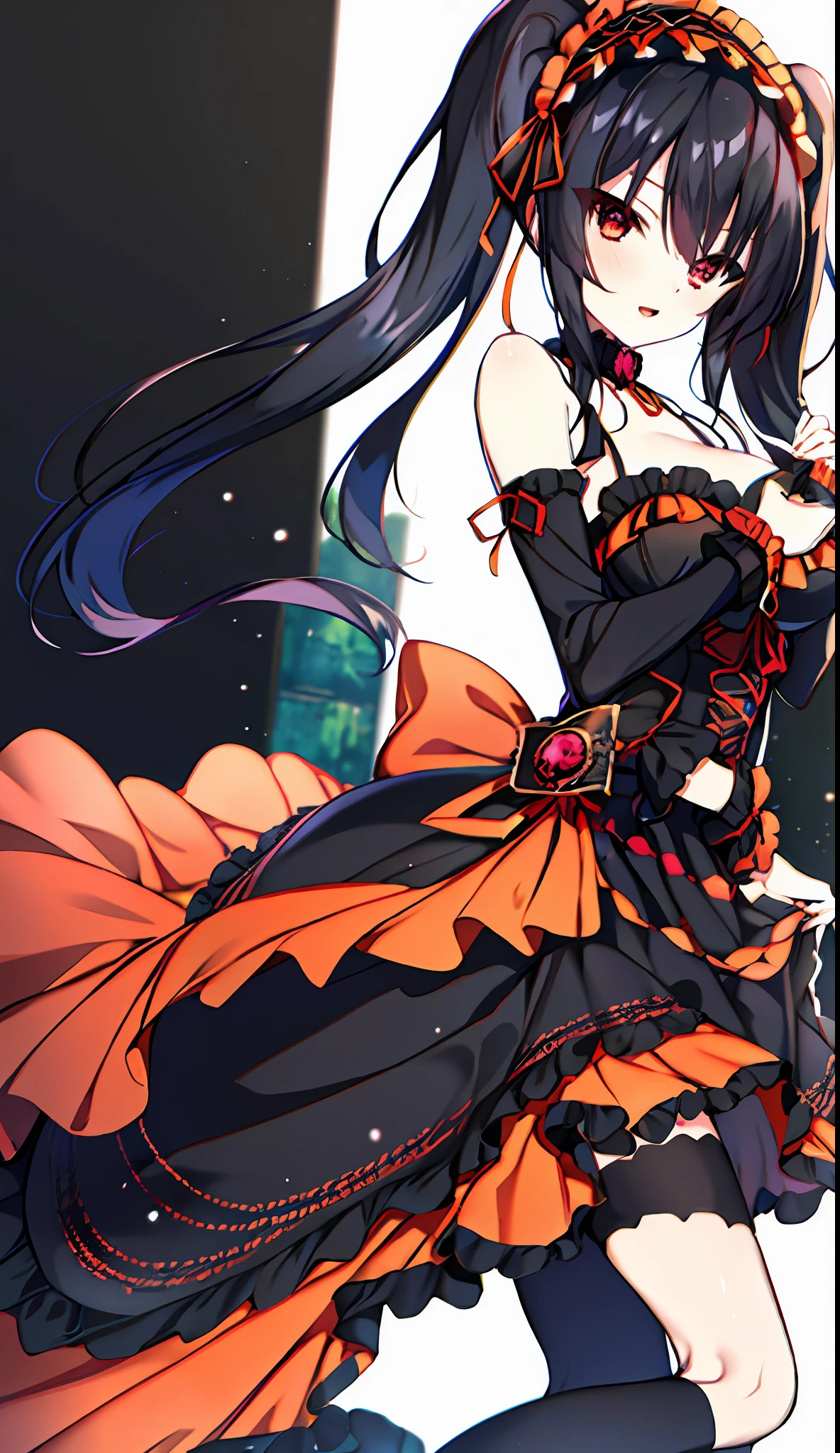 18 year old beautiful girl, masterpiece, top quality, 8K anime, 1 girl, detailed fingers, precise fingers, not unnatural hands, odd eyes, black hair twin tails, kurumi tokizaki, large breasts,