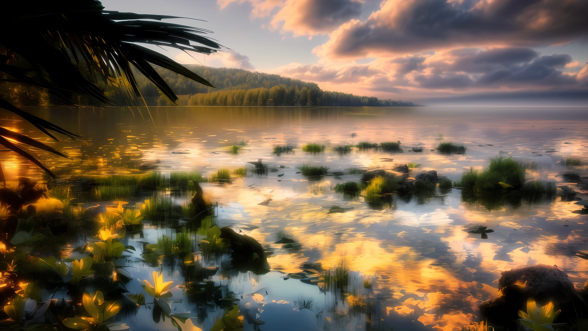 wallpaper, summer, lake, dawn, forest, detailed forest, clouds, masterpiece, cinematic, soft light, depth of field, ray tracing, reflection in water, realism, ulra detailed,