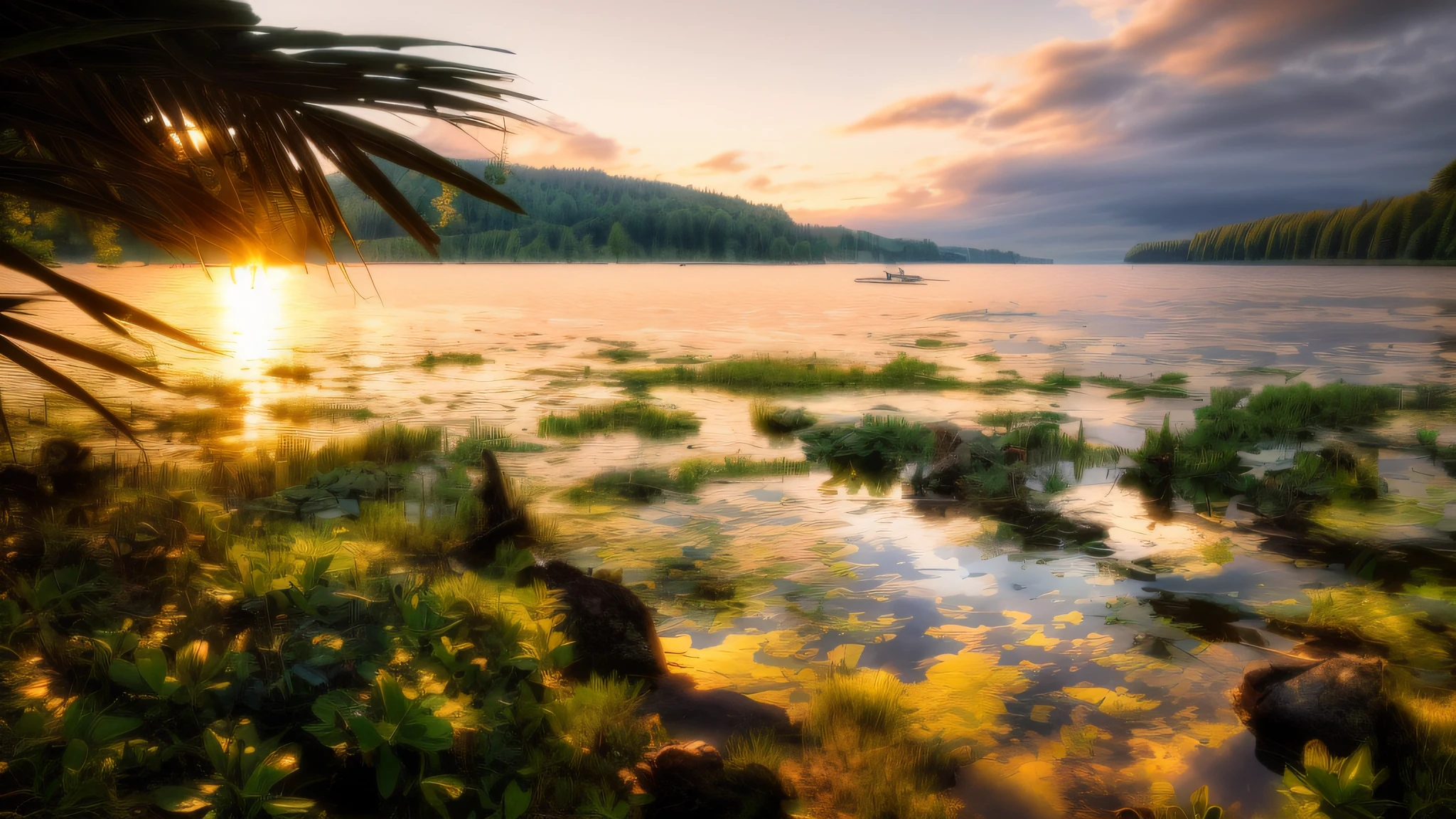 wallpaper, summer, lake, dawn, forest, detailed forest, clouds, masterpiece, cinematic, soft light, depth of field, ray tracing, reflection in water, realism, ulra detailed,