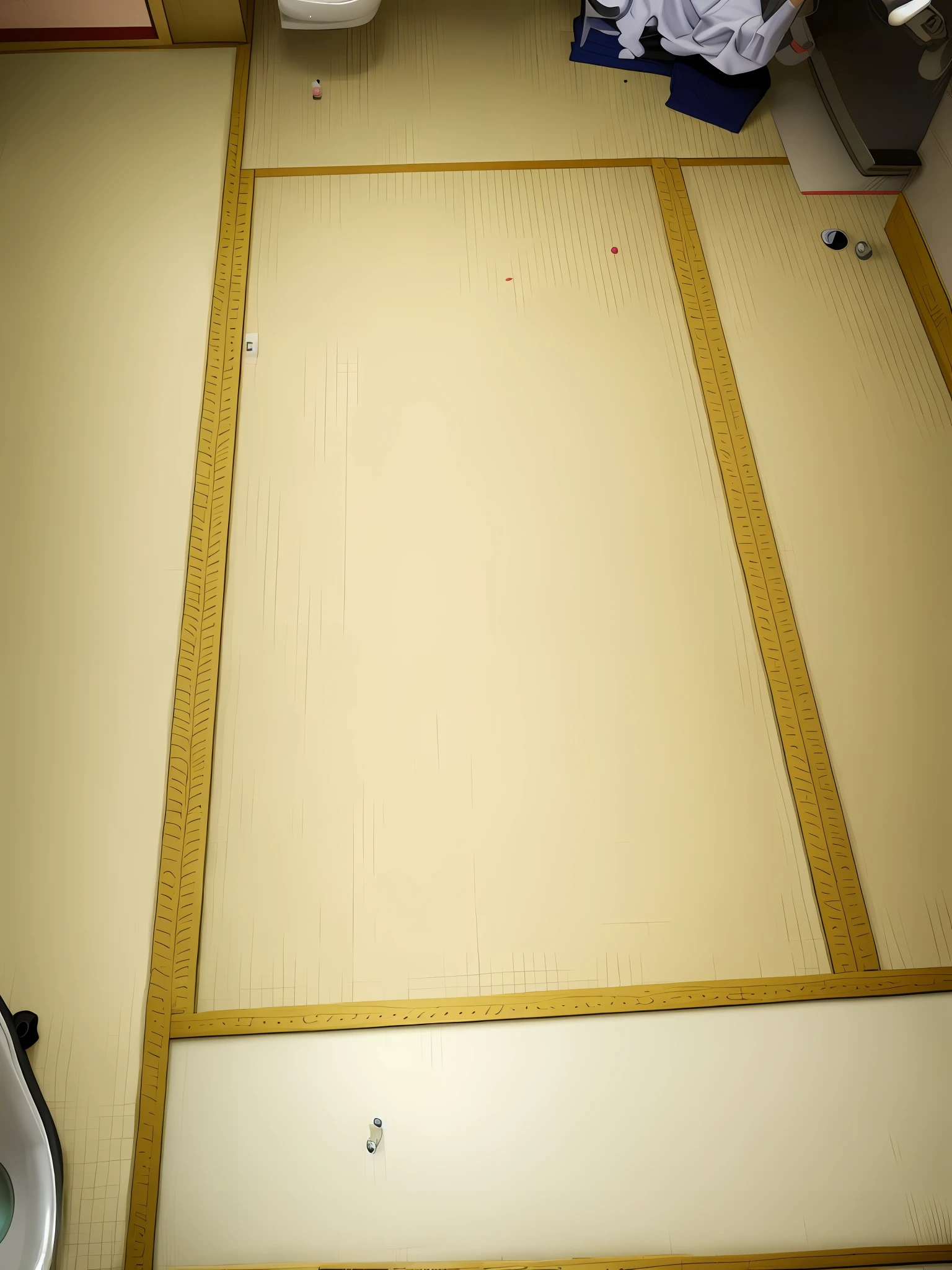 Room with tatami mats and toilet, tatami galaxy, ninchaku, [overhead view]!!, filling frame, Japan apartment, high definition, realistic, Japanese tatami mats