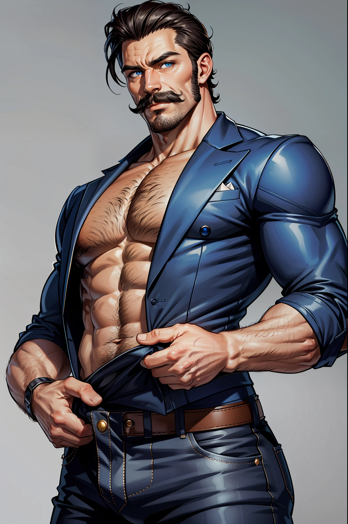 portrait, the most attractive, mature, masculine masculer hairy male, small waist, broad shoulders, greaser clothes, mustache, blue eyes, dapper cap, seductive look, huge crotch bulge,