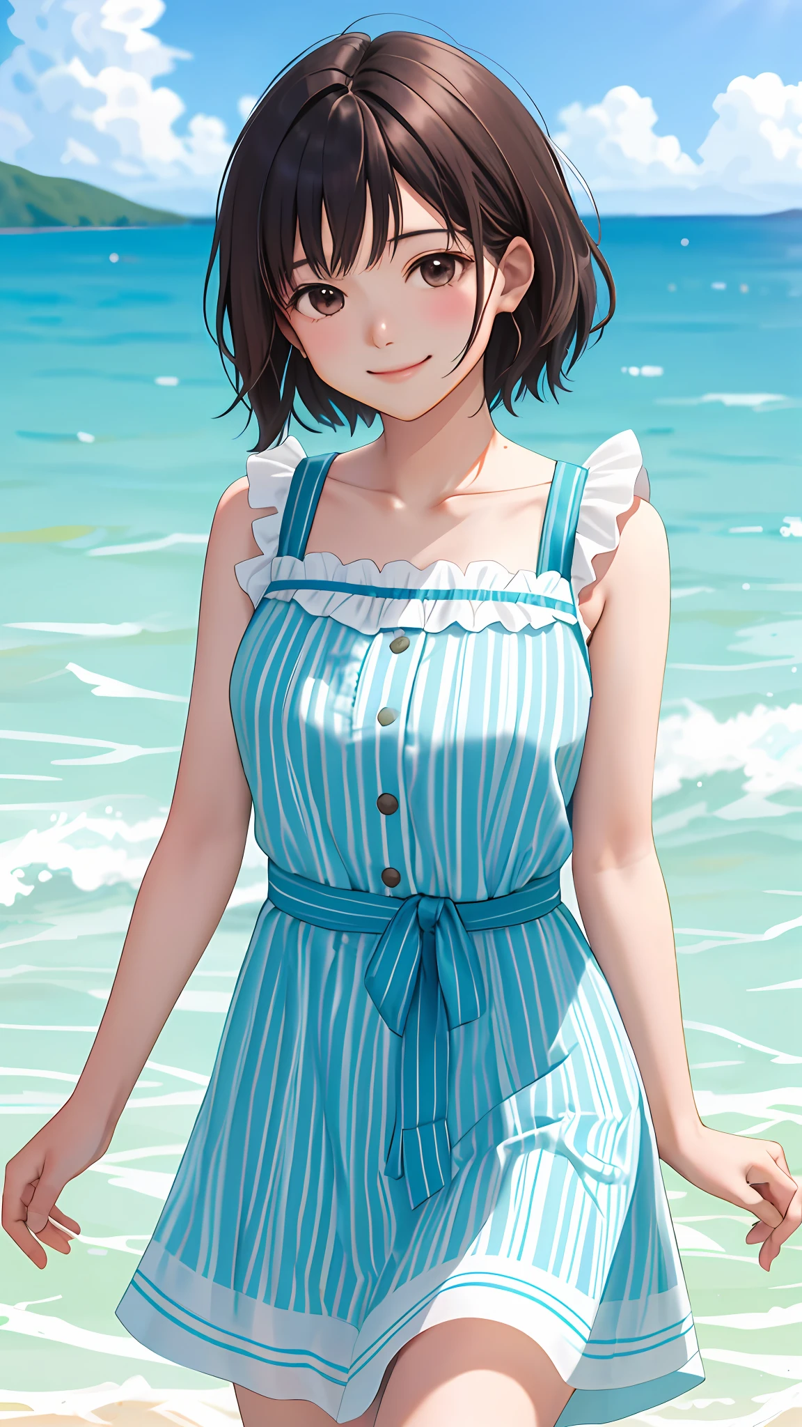 Kai Kokoai, Looks exactly like Kai Kokoai, Smile, STU48's Favorite Person, STU48's 3rd Single "My Favorite Person" Costume, STU48's Single Lover's Costume, More Short, Short Hair, Short Short Hair, Dark Brown Hair, 1 Girl, 18 Years Old, Photo, Realistic, Best Quality, Detailed Face, Strong Sunlight, Sea, Embankment, Detailed Background, Diffuse Sunlight, Depth of Field, Bokeh (Best Quality: 1.2), (Masterpiece: 1.2), Watch Viewer, One Piece, White Themes, Thin Blue Stripes,