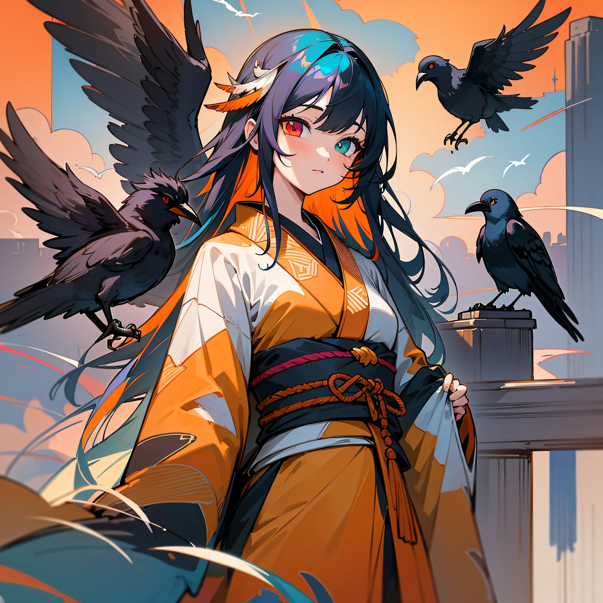 Masterpiece, best quality, {best quality}, {{masterpiece}}, {highres}, drawing, 2d digital drawing, anime, 1girl, anime girl, adult, exotic, long hair, colored hair, heterochromia, colors, colorful, orange sky, bird, bird, bird, crow, crow, japanese clothing, kimono, flying feathers, ornithologist --auto --s2