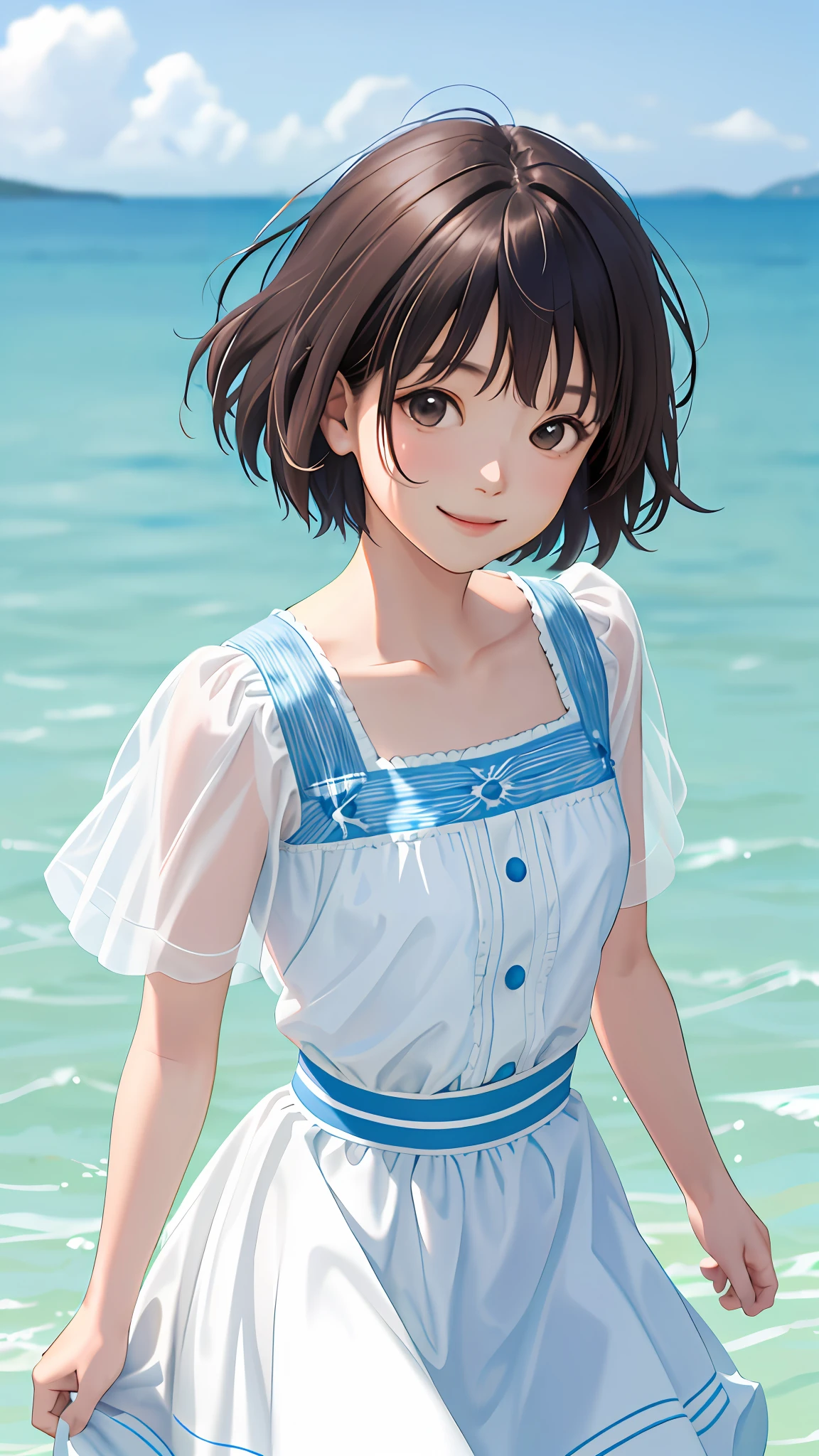 Kai Kokoai, Looks exactly like Kai Kokoai, Smile, STU48's Favorite Person, STU48's 3rd Single "My Favorite Person" Costume, STU48's Single Lover's Costume, More Short, Short Hair, Short Short Hair, Dark Brown Hair, 1 Girl, 18 Years Old, Photo, Realistic, Best Quality, Detailed Face, Strong Sunlight, Sea, Embankment, Detailed Background, Diffuse Sunlight, Depth of Field, Bokeh (Best Quality: 1.2), (Masterpiece: 1.2), Watch Viewer, One Piece, White Themes, Thin Blue Stripes,