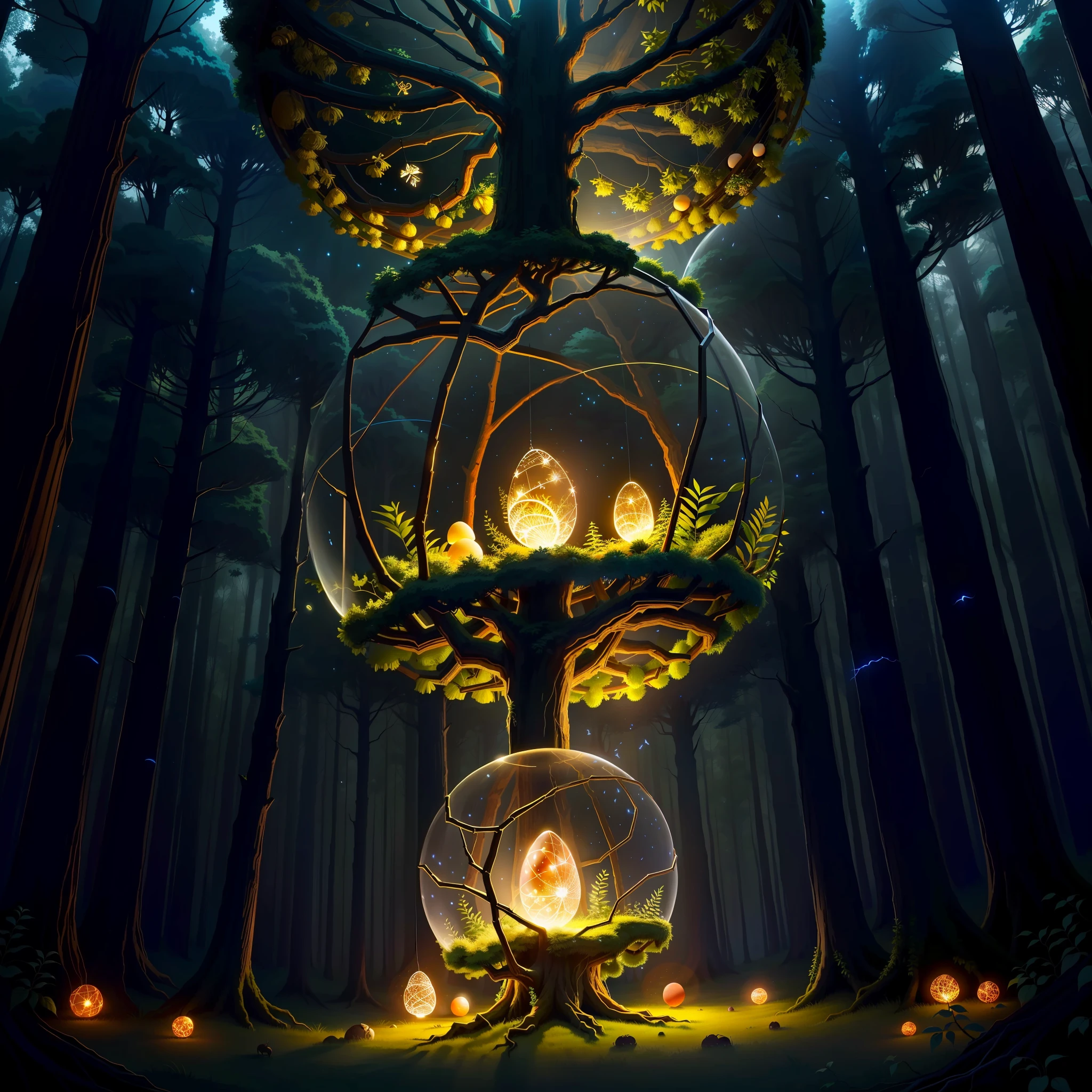 drawing me egg-shaped ant nests at night in an ancient forest, with tree spirits in spherical glass cages, twinkling lights, poetic, with fireflies and butterflies glowing, 4k, HDR, animated