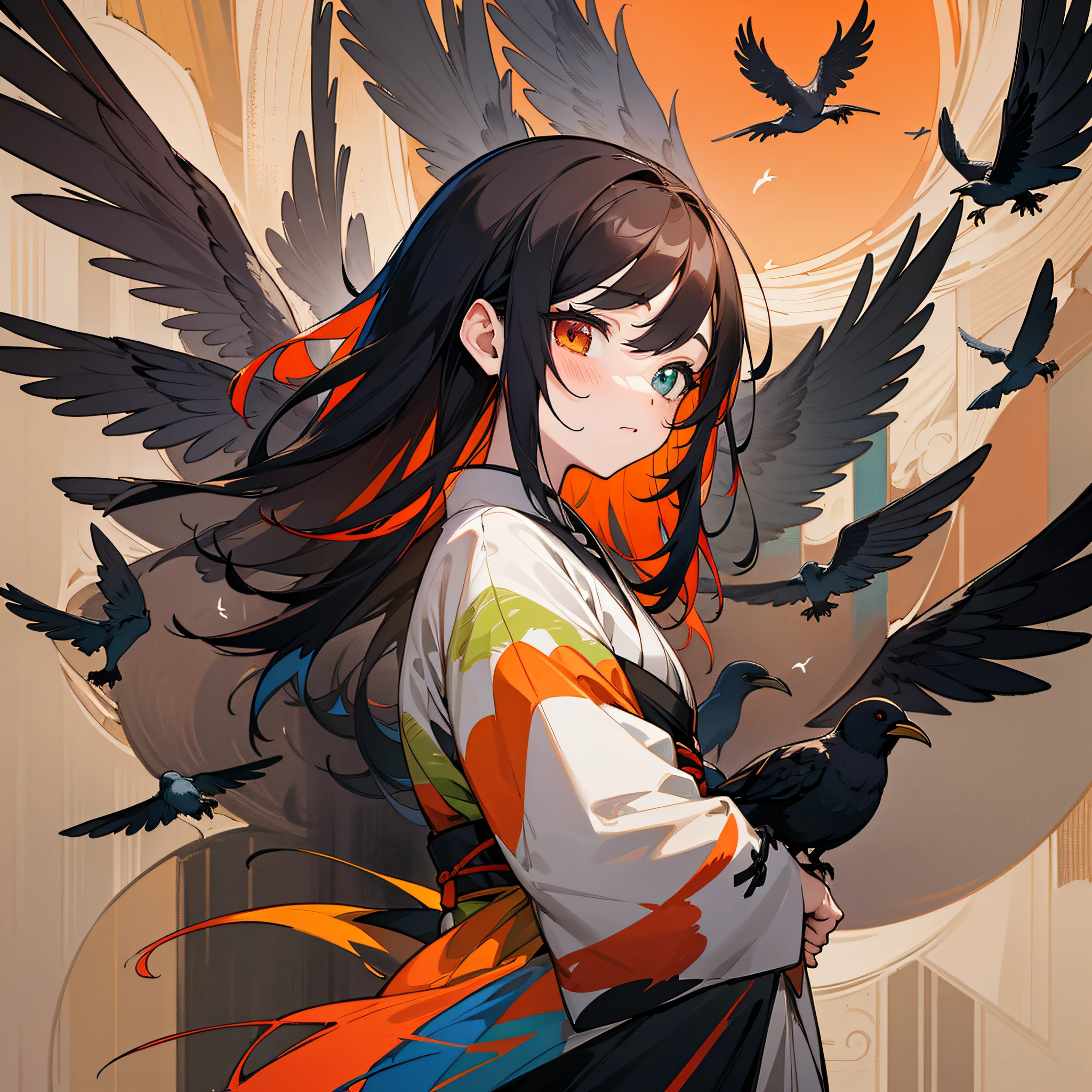Masterpiece, best quality, {best quality}, {{masterpiece}}, {highres}, drawing, 2d digital drawing, anime, 1girl, anime girl, adult, exotic, long hair, colored hair, heterochromia, colors, colorful, orange sky, bird, bird, bird, crow, crow, japanese clothing, kimono, flying feathers, ornithologist --auto --s2