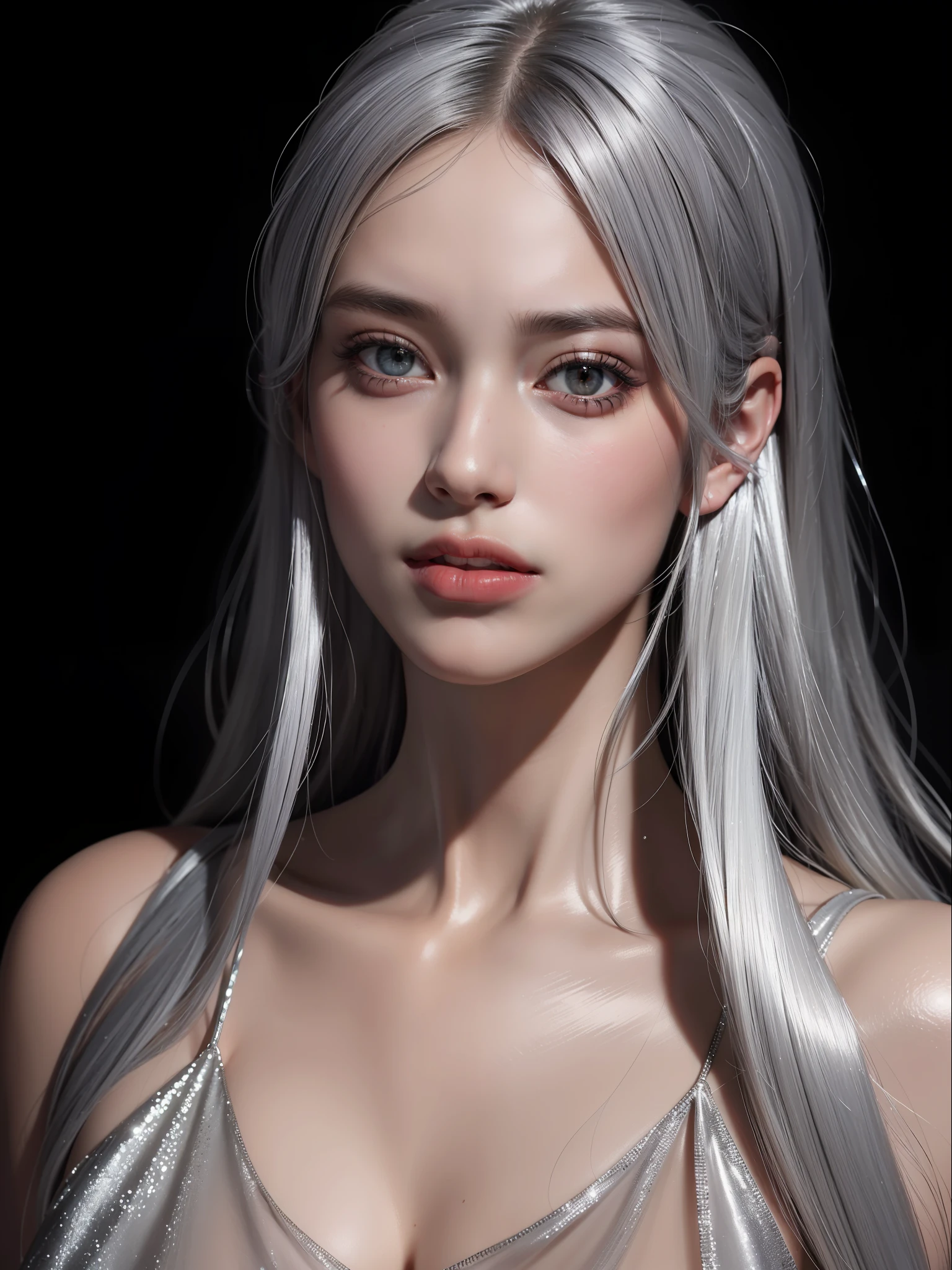 Best quality, masterpiece, ultra high res, (photorealistic:1.4), raw photo, 1girl, silver hair, shiny skin, dramatic lighting