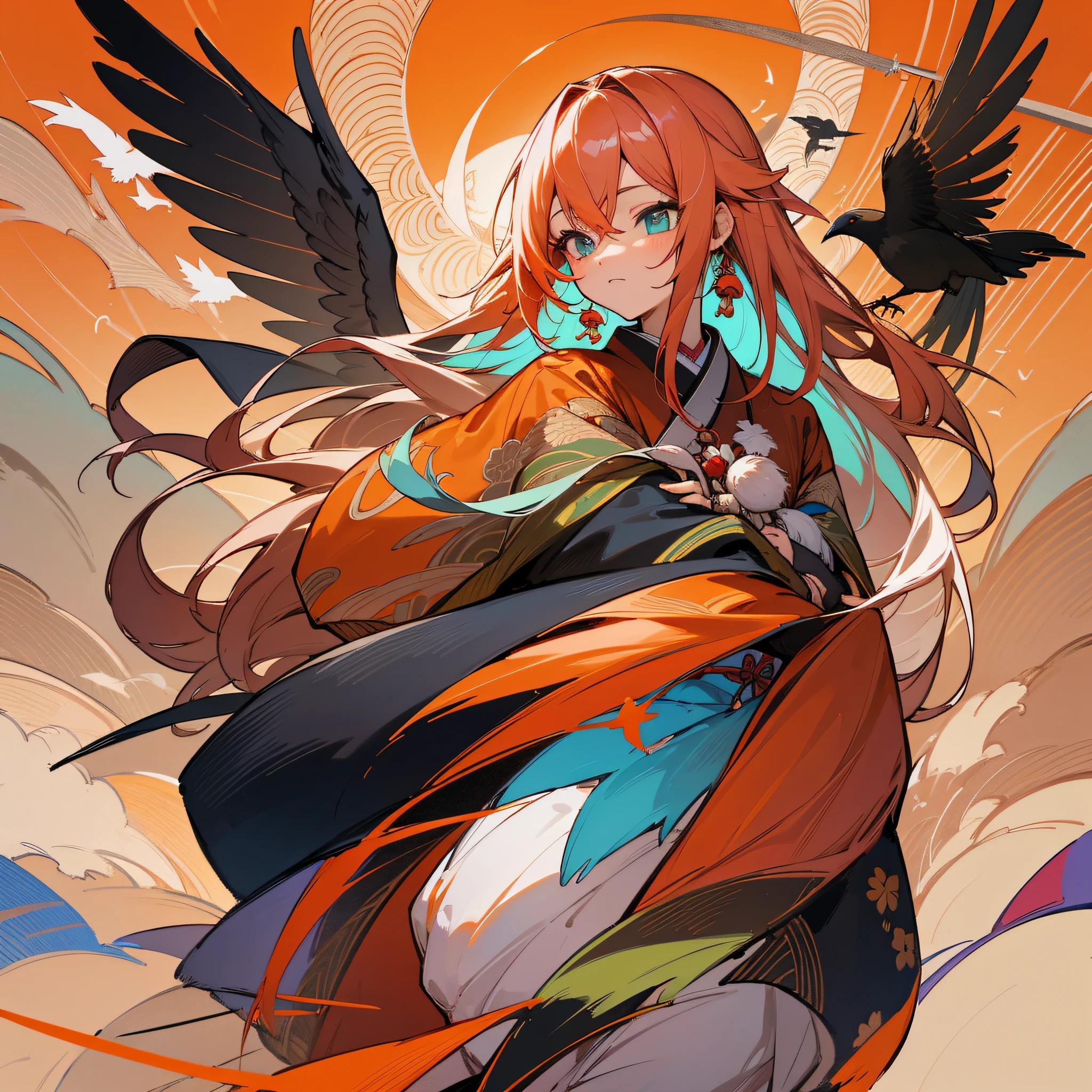 Masterpiece, best quality, {best quality}, {{masterpiece}}, {highres}, drawing, 2d digital drawing, anime, 1girl, anime girl, adult, exotic, long hair, colored hair, heterochromia, colors, colorful, orange sky, nightingale, bird, bird, bird, japanese clothing, kimono, flying feathers, ornithologist --auto --s2