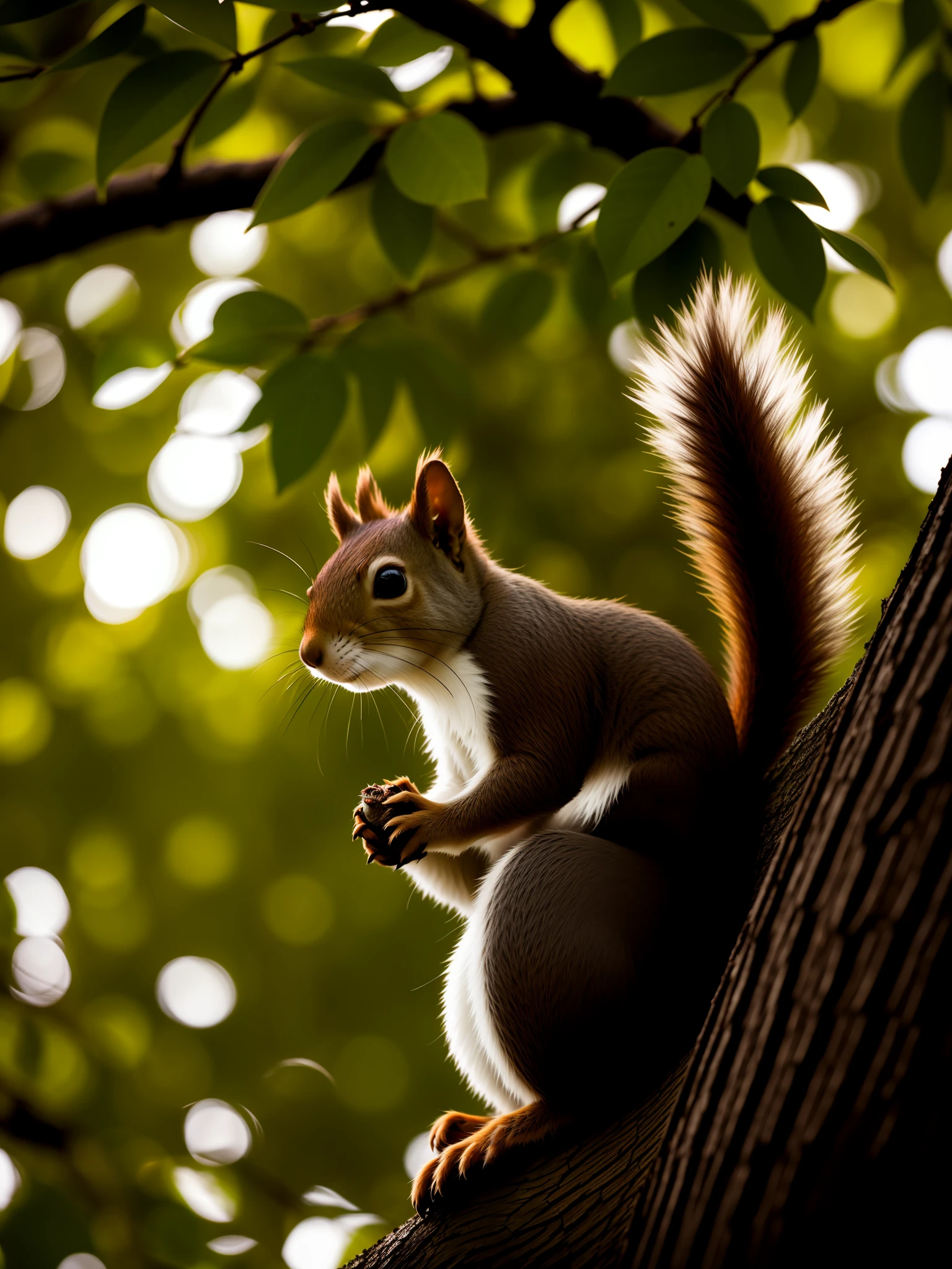 squirrel on a tree, hazelnut, cinematic, dark theme, rim light
