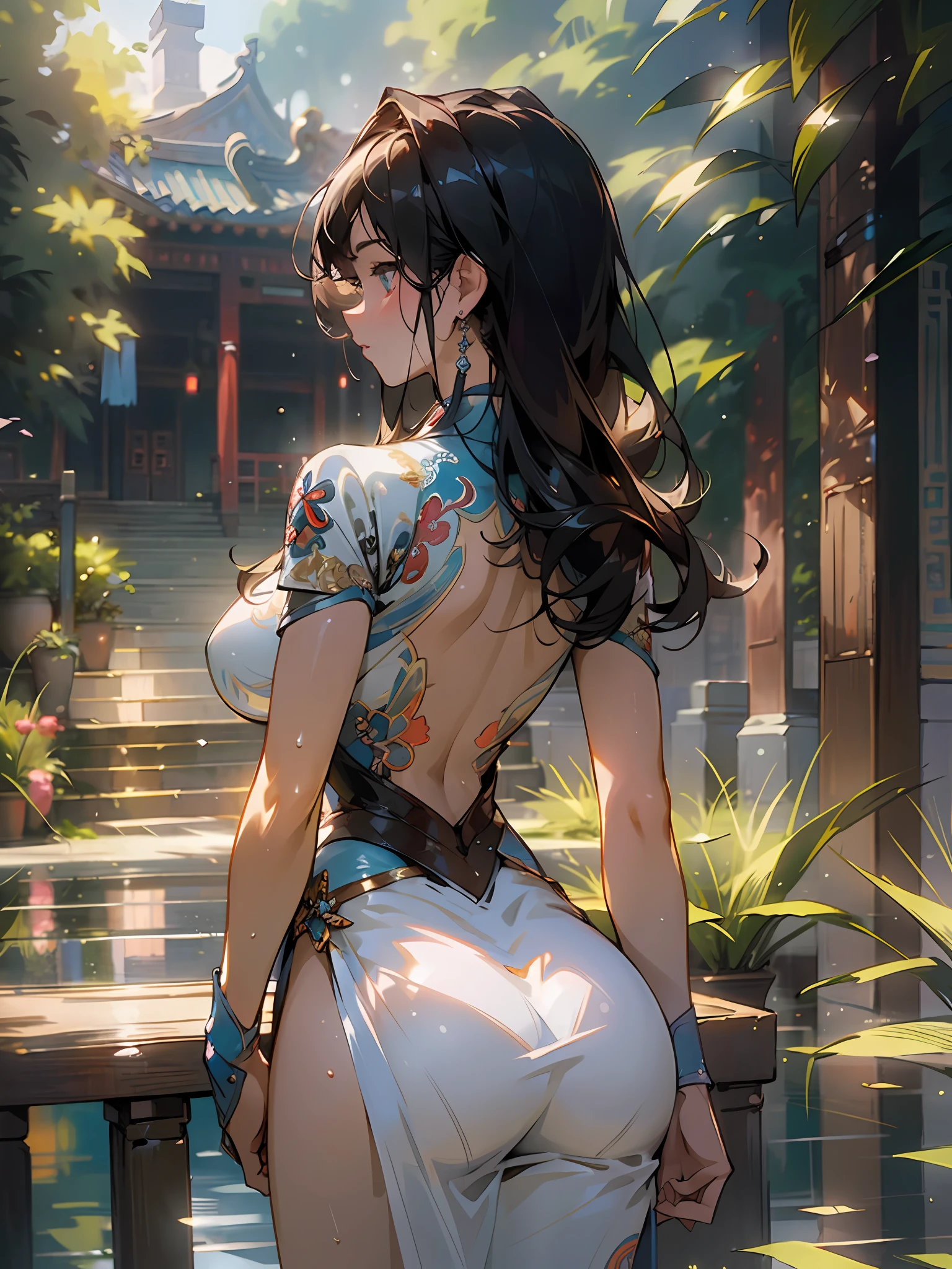 (photorealistic:1.3),(hyperrealistic:1.3),(extremely detailed CG unity 8K wallpaper),(beautiful and clear background:1.2), detailed background, (rim lighting, spot lighting:0.75), ((good anatomy)),fashion model, (finely detailed face and beautiful eyes),(cowboy_shot:1.3),dynamic angle,
(1girl), solo,chinese clothes, china dress,wet clothes, large breasts, huge ass, cool & sexy \(idolmaster\),, looking away, back, expose the back
petals,reflection light,out door,warm light,