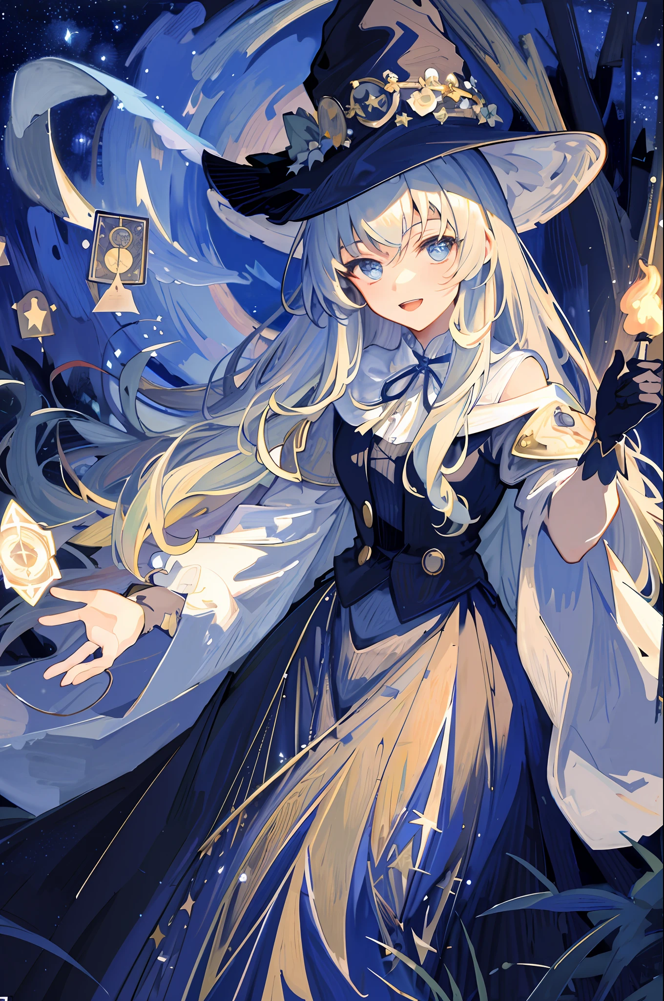 ((masterpiece:1.2, best quality)), 1girl, solo, (witch hat), blonde hair, long hair, dress, aurora, night, star (sky), gloves, sky, white dress, night sky, open mouth, starry sky, blue eyes, ribbon, very long hair, red dress, smile, hair ribbon, cape, blue hair, (bird), magic, casting spell, dark clouds, night, (impressionism:1.4), (tarot:1.3), alphonse mucha,