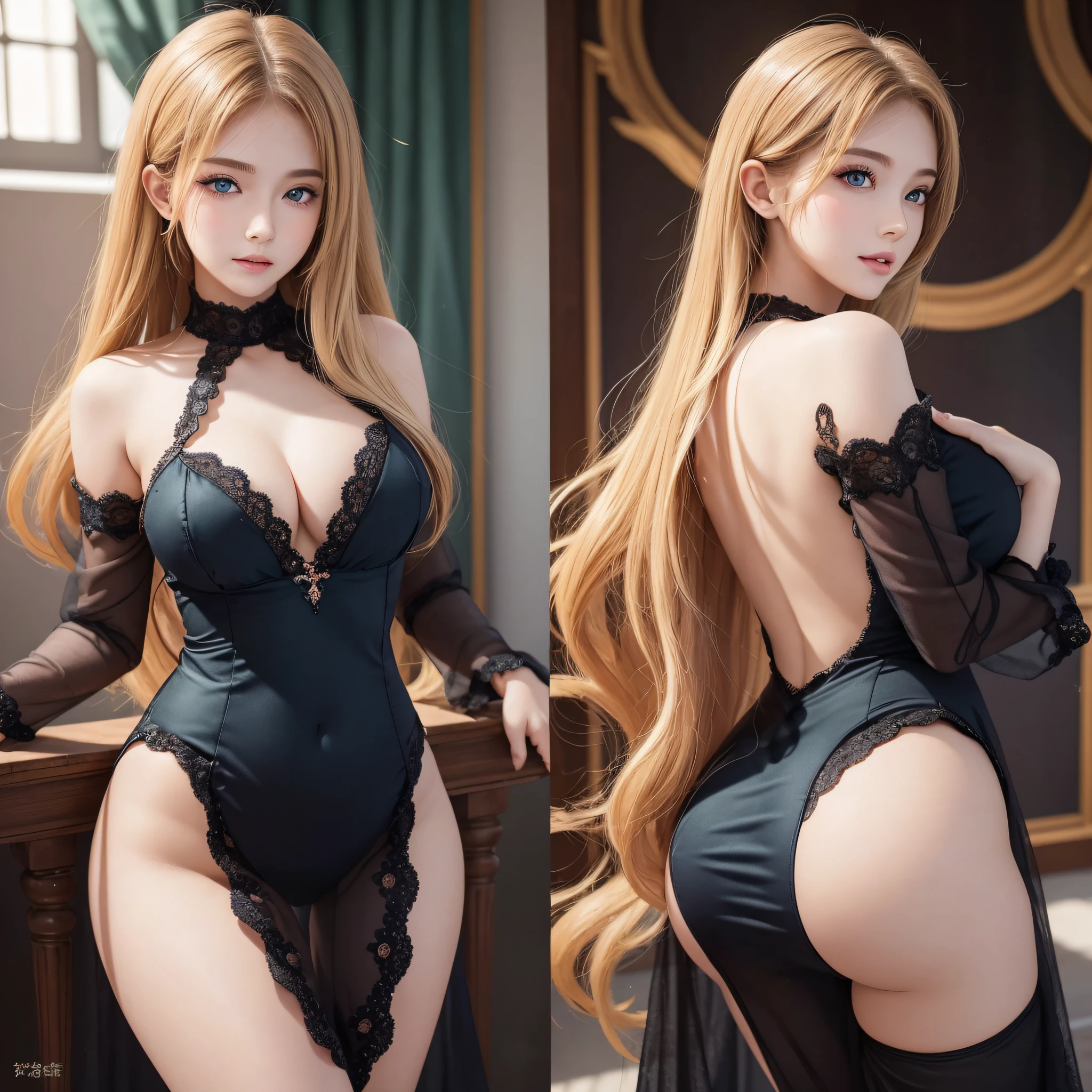 (top quality, masterpiece), 1-2 girls, intricate details, crimson dress, see-through, dresses that emphasize, dresses that emphasize buttocks, watch viewer, blush, blonde, (huge), (inflate buttocks), natural eye shadow, smooth skin, various poses, poses that emphasize buttocks, poses that emphasize, clear sunshine, detailed pupils reflecting light, (pretty girls), dark blue eyes, green places, whitening skin, pure heart, baby face, shyness, blush, NSFW,