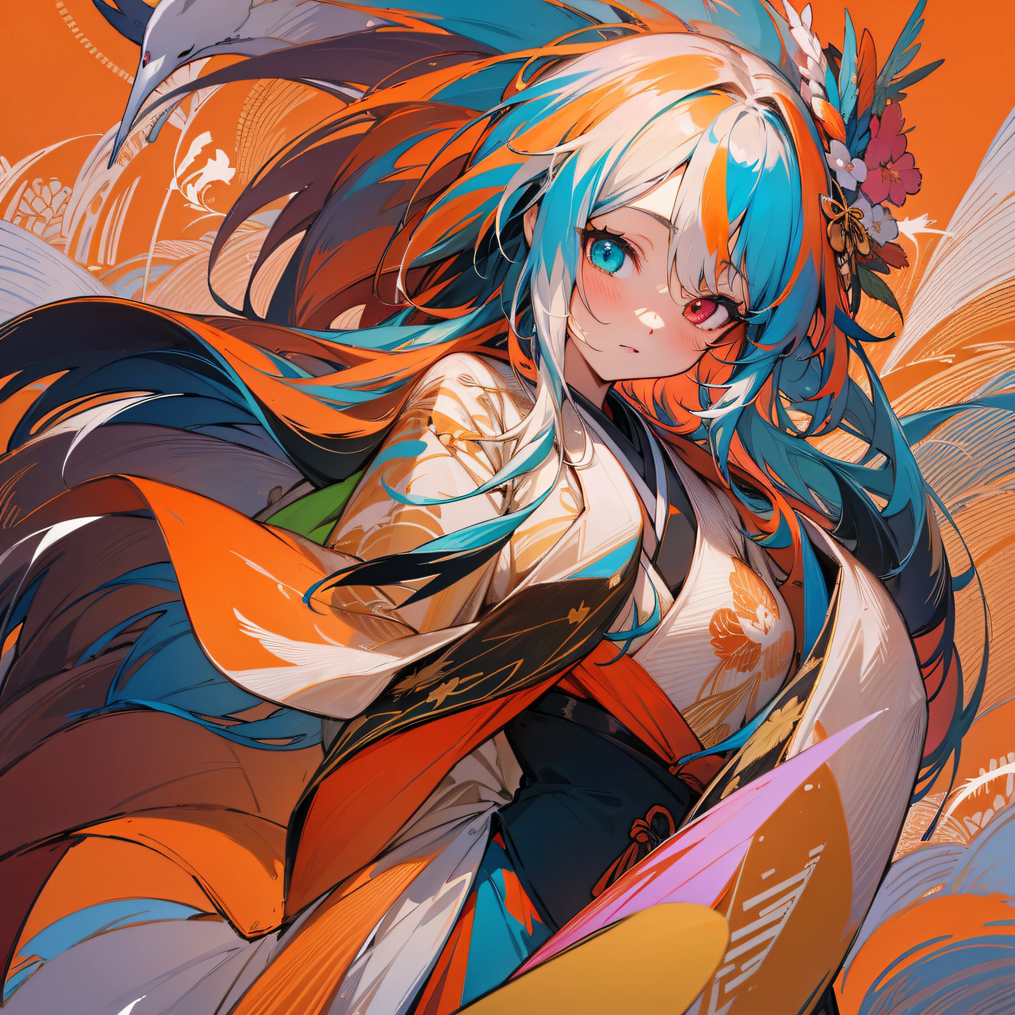 Masterpiece, best quality, {best quality}, {{masterpiece}}, {highres}, drawing, 2d digital drawing, anime, 1girl, anime girl, adult, exotic, long hair, colored hair, heterochromia, colors, colorful, orange sky, nightingale, bird, bird, bird, japanese clothing, kimono, flying feathers, ornithologist --auto --s2