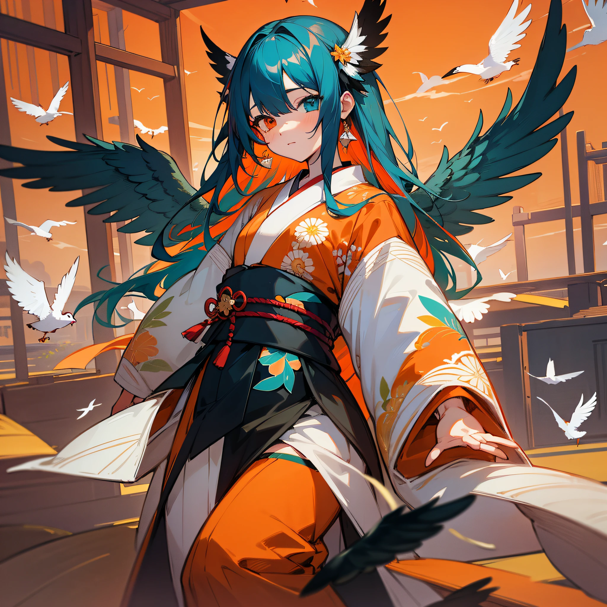 Masterpiece, best quality, {best quality}, {{masterpiece}}, {highres}, drawing, 2d digital drawing, anime, 1girl, anime girl, adult, exotic, long hair, colored hair, heterochromia, colors, colorful, orange sky, bird, bird, bird, swans, japanese clothing, kimono, flying feathers, ornithologist --auto --s2