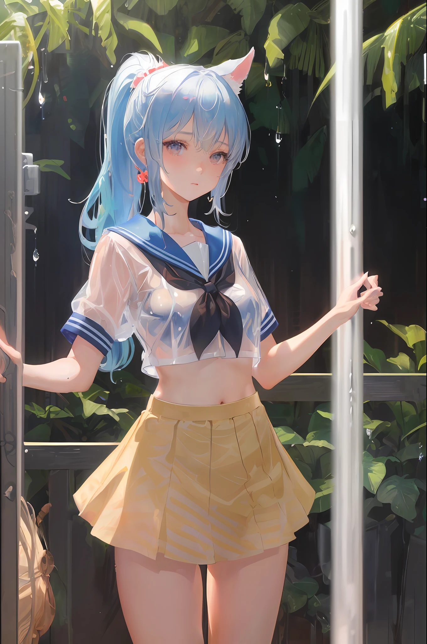 Cornflower art, dreamy, (masterpiece, top quality, perfect anatomy, beautiful face, realistic, super detailed, 1 girl, 18 ears senile, solo, depth of field, canon 24mm lens, f1.4, cute_girl, sailor_ collar, clear facial features, short sleeves, small breasts, slender height, height 170, barefoot, double ponytail, bangs, gravure pose, outdoor, jungle, Blurred background, (Uwabaki: 1.1576)) whole body, clear liquid dripping from the crotch, the front of the shirt is exposed, breasts are visible, transparent bra, light blue striped buns, erotic, , NSFW movie,