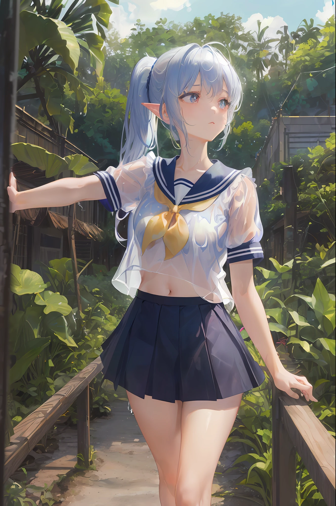 Cornflower art, dreamy, (masterpiece, top quality, perfect anatomy, beautiful face, realistic, super detailed, 1 girl, 18 ears senile, solo, depth of field, canon 24mm lens, f1.4, cute_girl, sailor_ collar, clear facial features, short sleeves, small breasts, slender height, height 170, barefoot, double ponytail, bangs, gravure pose, outdoor, jungle, Blurred background, (Uwabaki: 1.1576)) whole body, clear liquid dripping from the crotch, the front of the shirt is exposed, breasts are visible, transparent bra, light blue striped buns, erotic, , NSFW movie,