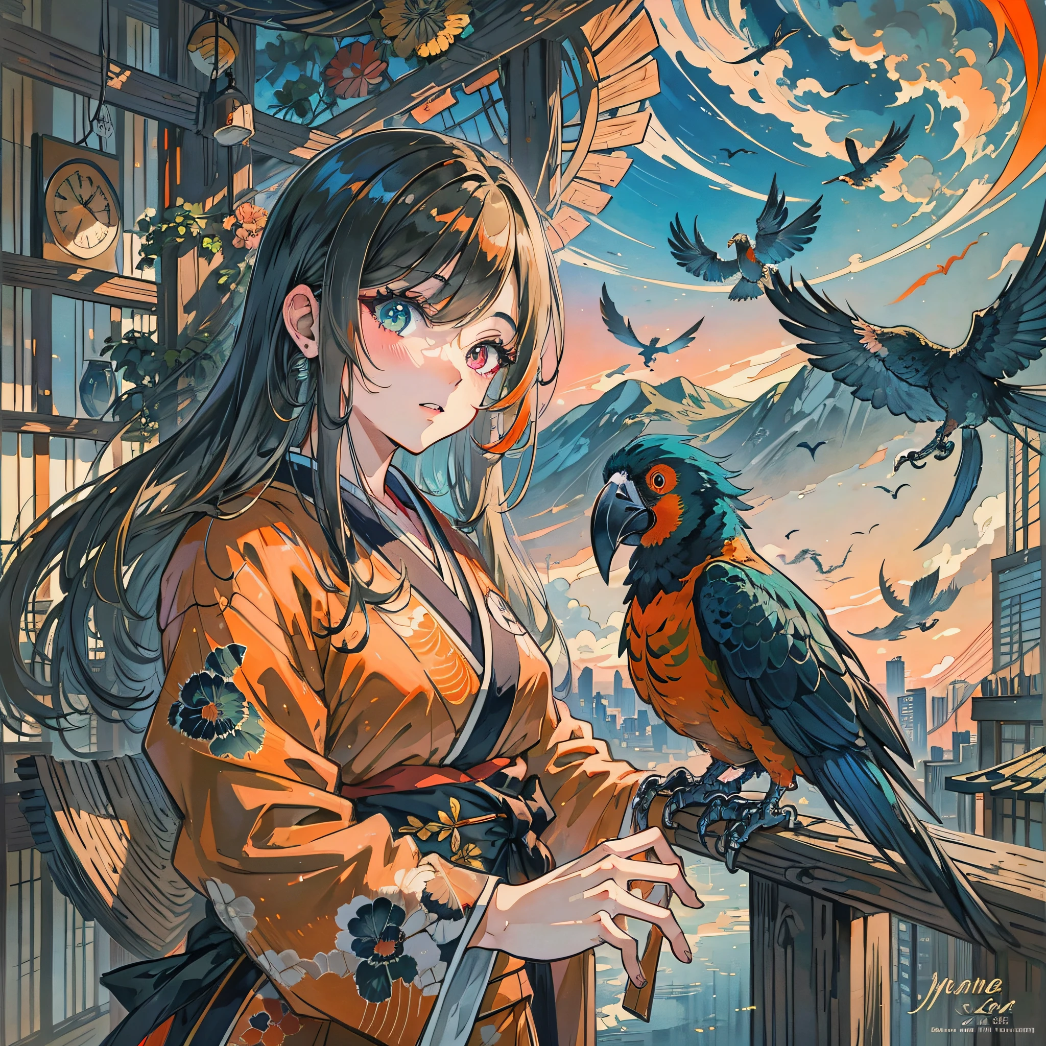 Masterpiece, best quality, {best quality}, {{masterpiece}}, {highres}, drawing, 2d digital drawing, anime, 1girl, anime girl, adult, exotic, long hair, colored hair, heterochromia, colors, colorful, orange sky, bird, bird, bird, parrot, macaw, japanese clothing, kimono, flying feathers, ornithologist --auto --s2
