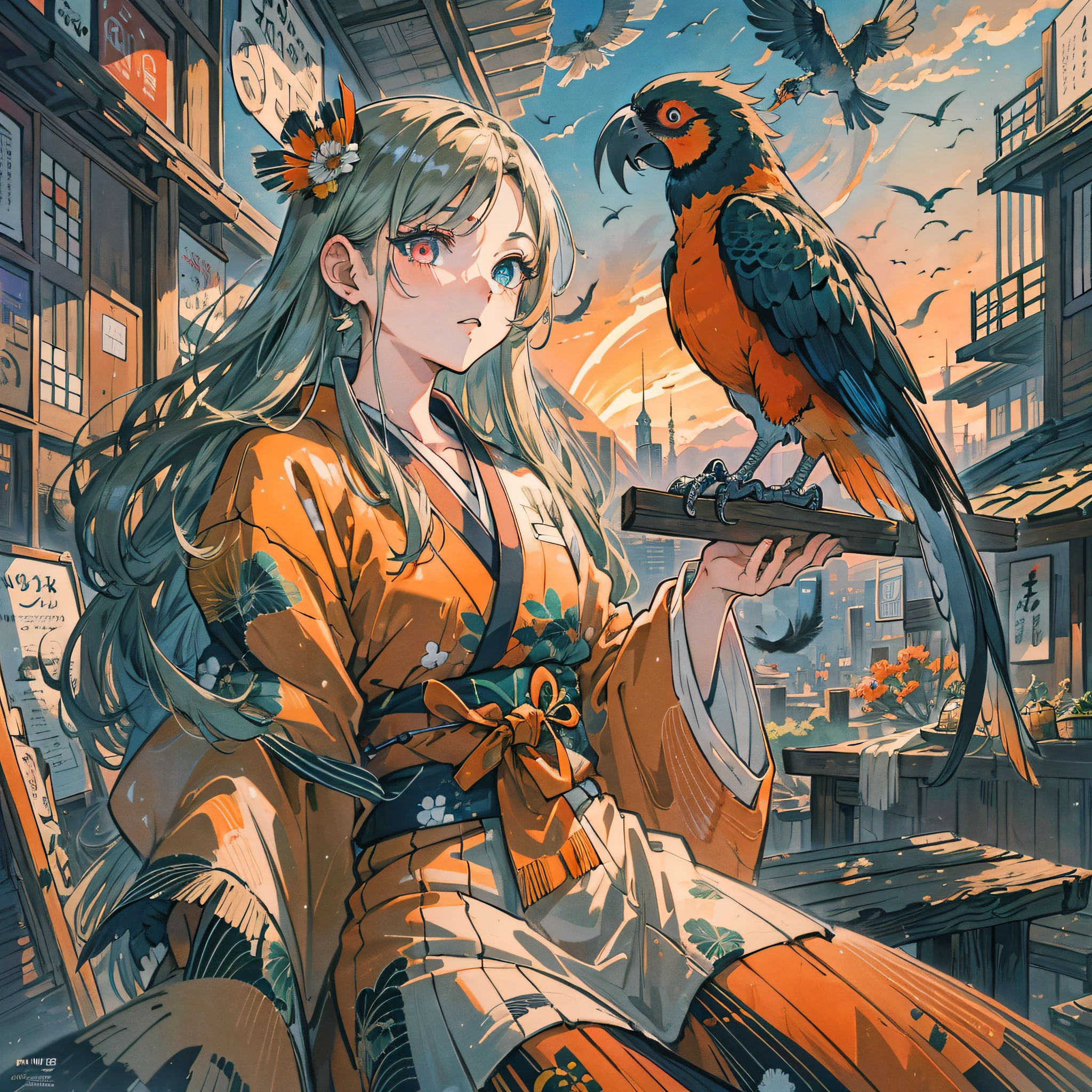 Masterpiece, best quality, {best quality}, {{masterpiece}}, {highres}, drawing, 2d digital drawing, anime, 1girl, anime girl, adult, exotic, long hair, colored hair, heterochromia, colors, colorful, orange sky, bird, bird, bird, parrot, macaw, japanese clothing, kimono, flying feathers, ornithologist --auto --s2