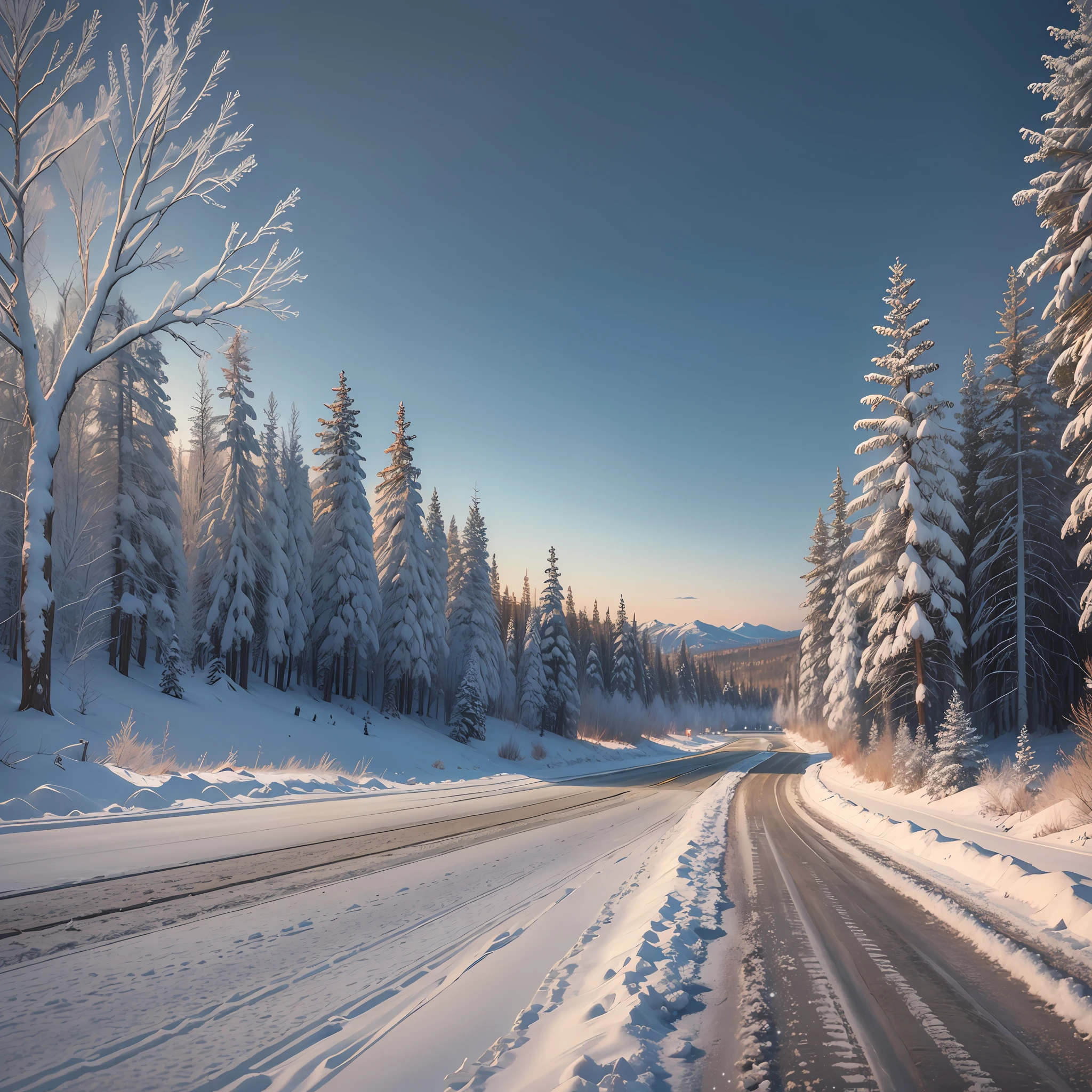 Road (snow and frozen trees on the shoulder) Hdr Saturn at the end of the road 8 k (super realistic) --auto --s2