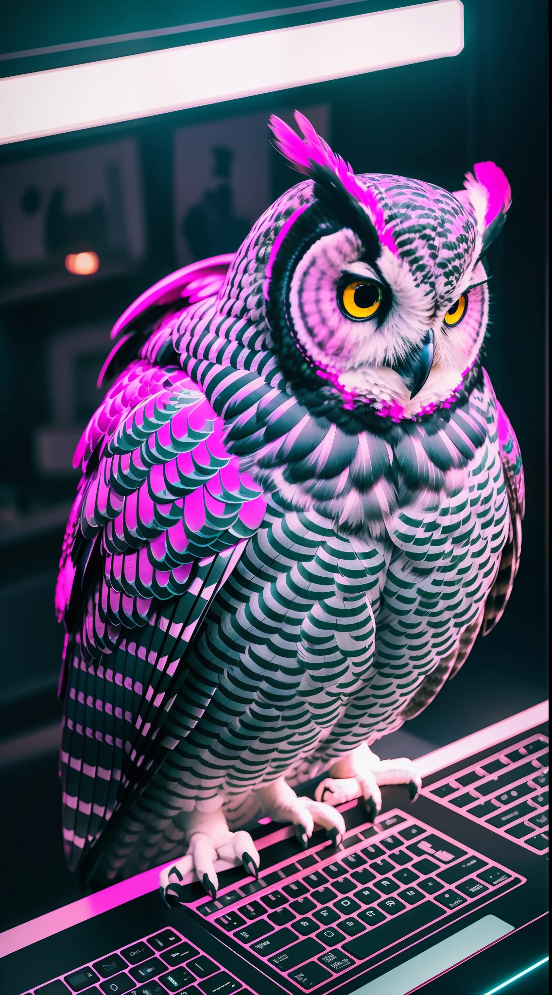 40-year-old man sitting, computer around, (giant owl bird on shoulder), red owl, cyberpunk style, image angle from above, dramatic light, vivid colors, high quality, high resolution, 16k, UHD, severe low lighting, high quality, sharp focus, Fujifilm XT3, fine composition, super detail, top quality.