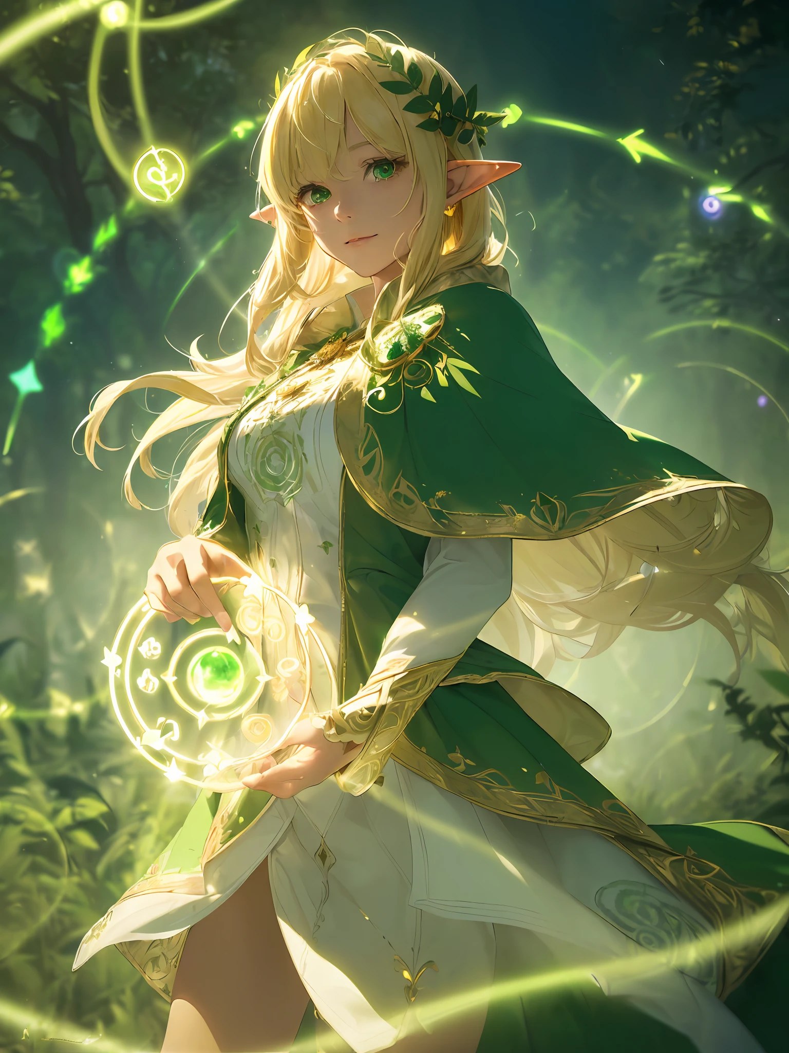 (((Masterpiece, highest quality, high definition, high detail)))), ((((Fantasy))), One, (Elf woman)))), (Short white skirt embroidered with gold), (Blonde long straight hair), (Fine dark green eyes with floating magic circles), (((Green cloak armor with golden embroidery)), Big, (Strong wind), (Cast spells)), (A lot of glowing grains are flying), ((( A vortex of light gathers in the hand))), (((Layers of magic circles of light with magical patterns and letters drawn with light overhead))), ((Many glowing green arrows are released)), Forest, zoom in on the eyes