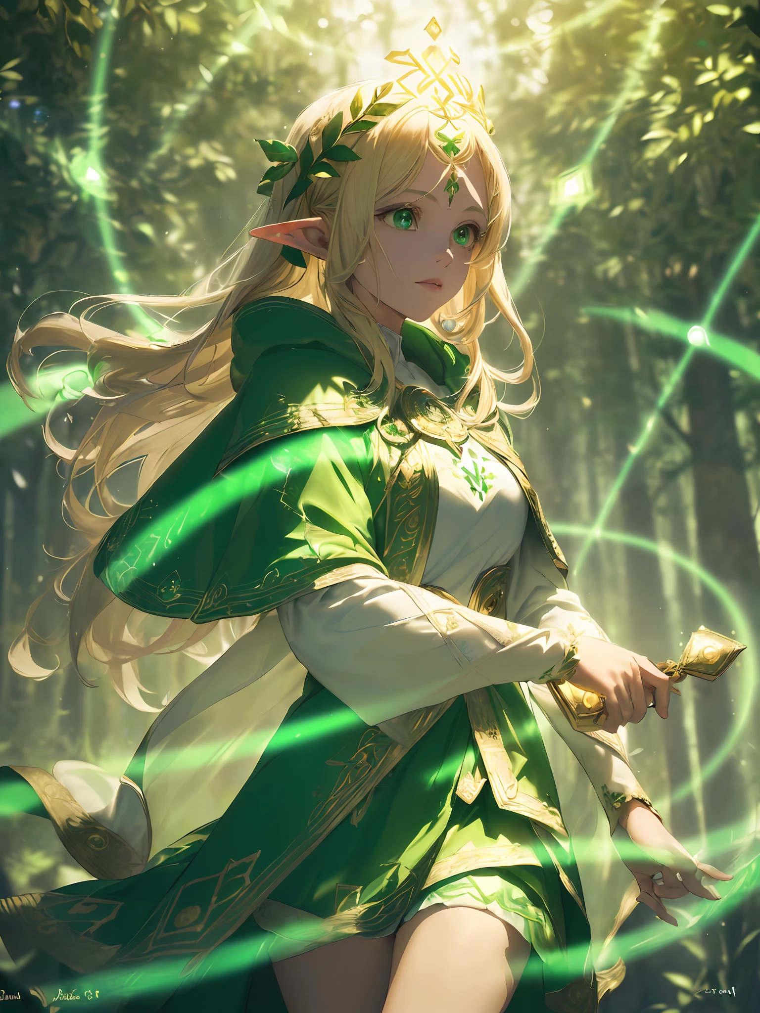 (((Masterpiece, highest quality, high definition, high detail)))), ((((Fantasy))), One, (Elf woman)))), (Short white skirt embroidered with gold), (Blonde long straight hair), (Fine dark green eyes with floating magic circles), (((Green cloak armor with golden embroidery)), Big, (Strong wind), (Cast spells)), (A lot of glowing grains are flying), ((( A vortex of light gathers in the hand))), (((Layers of magic circles of light with magical patterns and letters drawn with light overhead))), ((Many glowing green arrows are released)), Forest, zoom in on the eyes