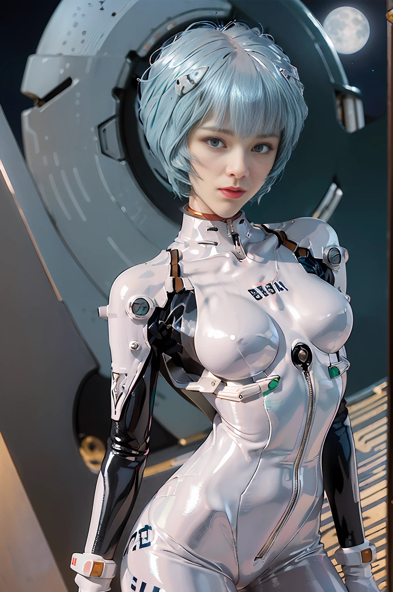 Masterpiece,NSFW1.1,((Whole body:1.1))))), (Realistic),Photos, Best Quality, 1 female,((Tall:1.1))),Ear fold,(((Rei Ayanami, Plug Suit 00:1.1))),((Red Eyes,Beautiful Face, Beautiful Eyes:1.1)))), (((Cute Face)), Wet Eyes, Face,Detail Face, Detail Lips, Detail Eyes, (Thin and Sharp Pale Eyebrows :1.1 Long eyelashes), double eyelids, (seductive smile), (gentle look, fleeting expression))),(turning around pose), (rubber suit with strong metallic luster and smooth surface), ((Sexy tight metallic shiny latex suit)))), (Two thick black lines from thighs to buttocks: 1.1))), (Movie lighting: 1.1),From below, (upright), (Camelt), (sleek body line)), pale short hair, (((pale thin eyebrows)), beautiful hair, (large round breasts), small logo pattern on the chest zero: 1.1, mecha suit, thin long waist, white skin, ((starry sky at midnight in the background, large full moon in the background, spaceship in the background)), (face and eye details: 1.1), loneliness, blushing, (shy)), very delicate and beautiful girl, Standing, (((legs closed pose)), (to8 contrast style), small egg-shaped psychosensory apparatus on either side of the head