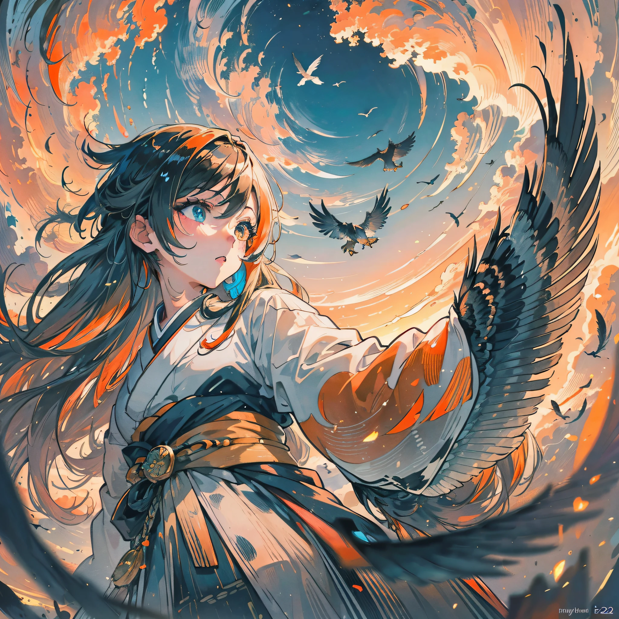 Masterpiece, best quality, {best quality}, {{masterpiece}}, {highres}, drawing, 2d digital drawing, anime, 1girl, anime girl, adult, exotic, long hair, colored hair, heterochromia, colors, colorful, orange sky, bird, bird, bird, eagle, japanese clothing, kimono, flying feathers, ornithologist --auto --s2