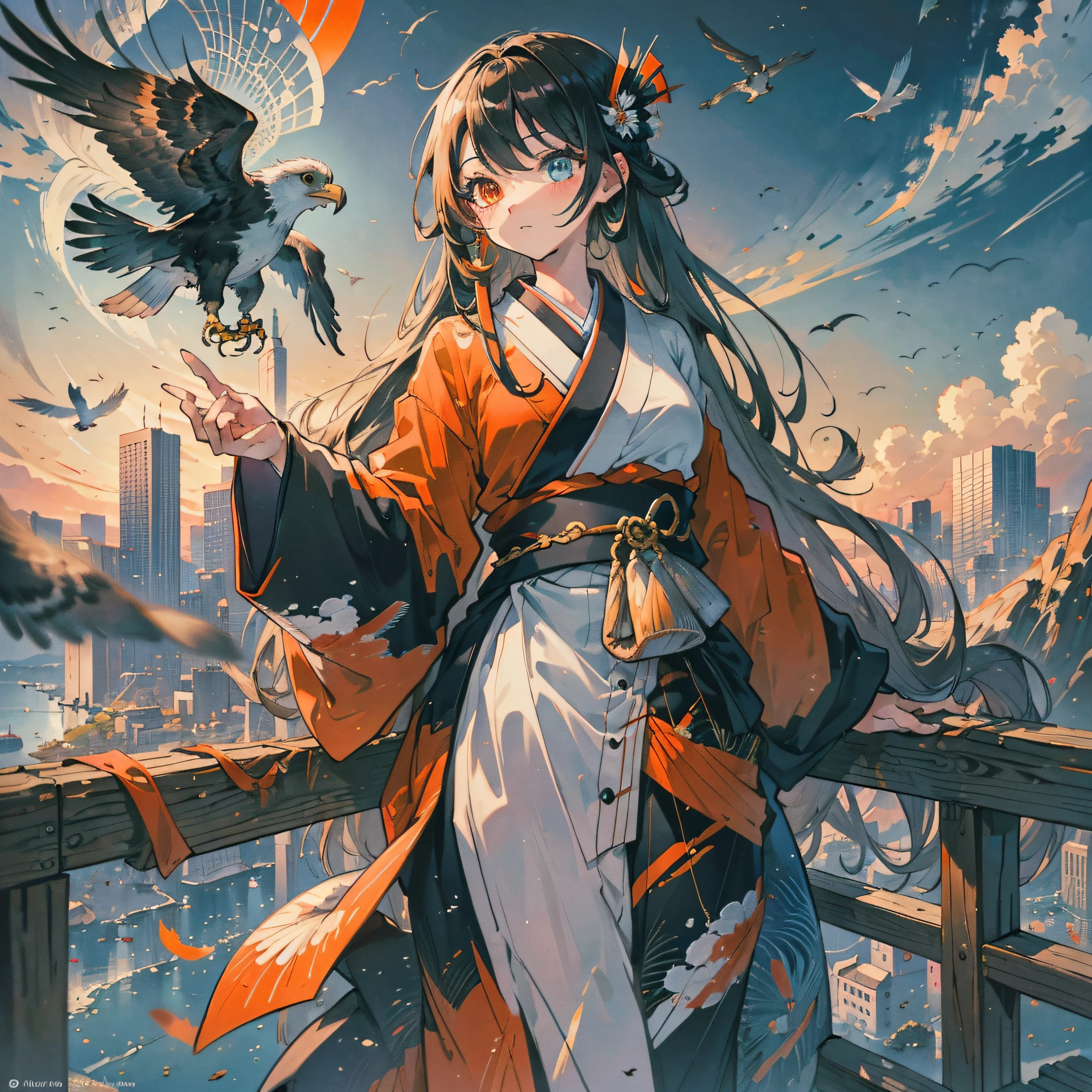 Masterpiece, best quality, {best quality}, {{masterpiece}}, {highres}, drawing, 2d digital drawing, anime, 1girl, anime girl, adult, exotic, long hair, colored hair, heterochromia, colors, colorful, orange sky, bird, bird, bird, eagle, japanese clothing, kimono, flying feathers, ornithologist --auto --s2