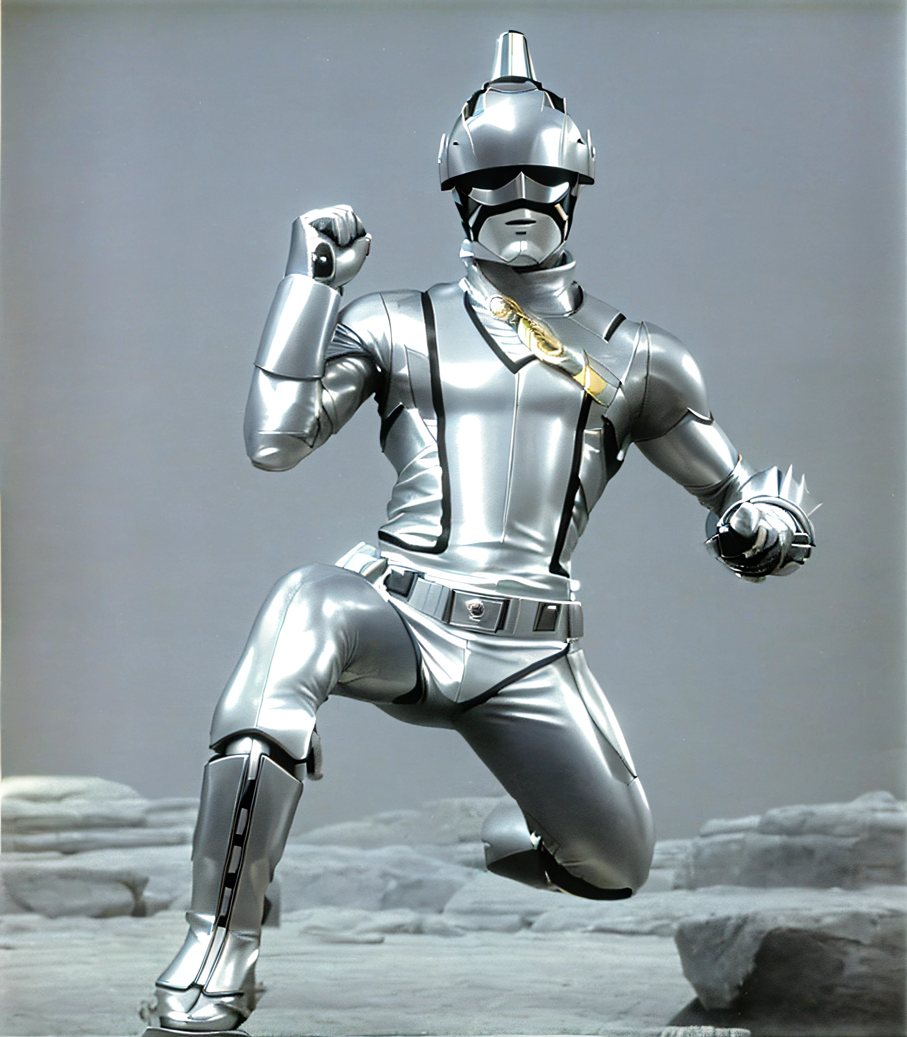arafed man in a gray and white costume is posing for a picture, the secret seventh power ranger, covered in full silver armor, buck rogers, 1 9 7 9, 1979, hero action pose, with sleek silver armor, skintight silver armor, power ranger, 1981, silver armor, 1 9 8 1, 1 9 8 2