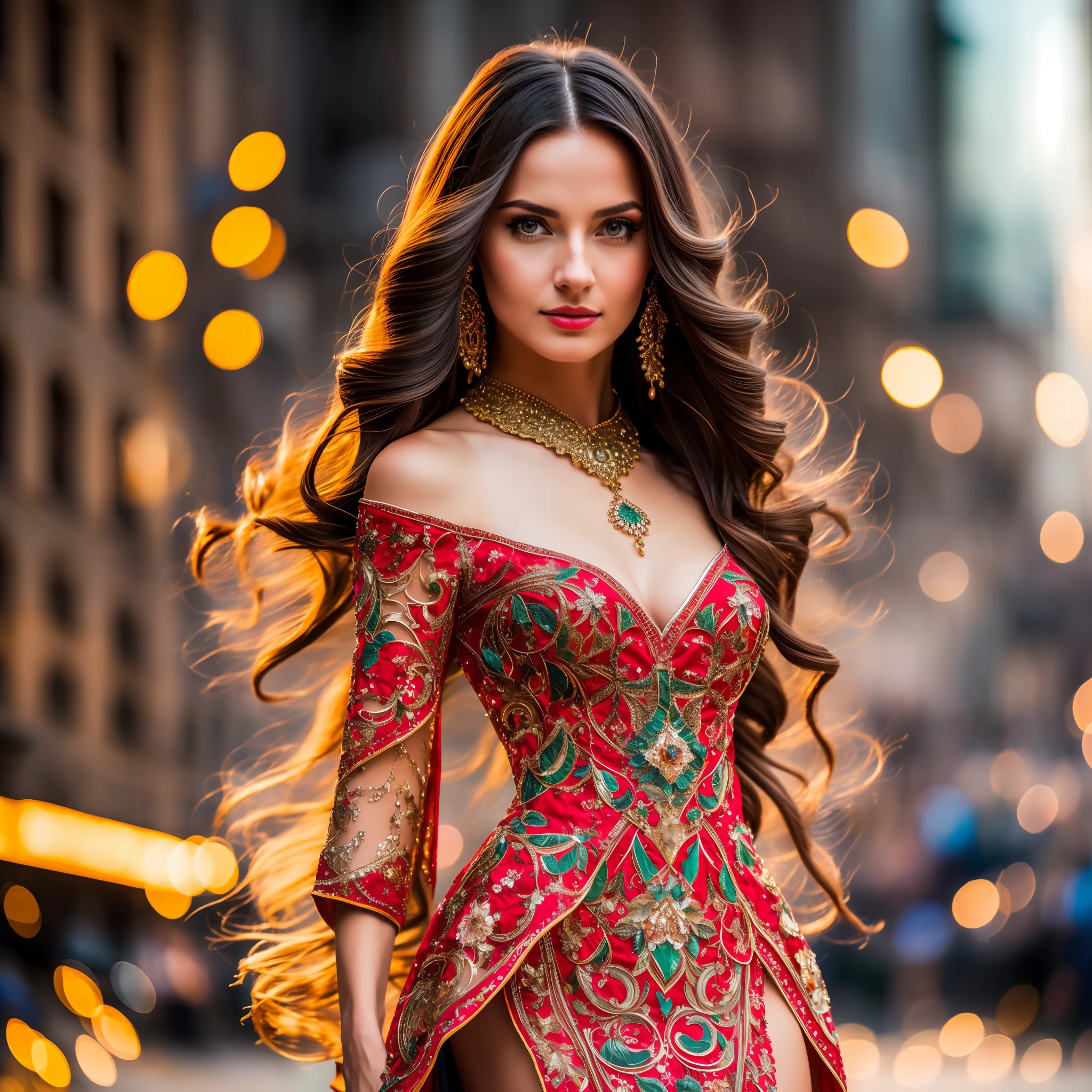 Generate a photograph of a Slovakian woman with real skin texture, long and voluminous hair, sharp eyes, a thin and upturned nose, shapely lips, an hourglass body shape, a dress and makeup, intricately maximalist-detailed, vibrant, epic, smooth, cinematic, a night street background, 4K, backlit, and a shallow depth of field.