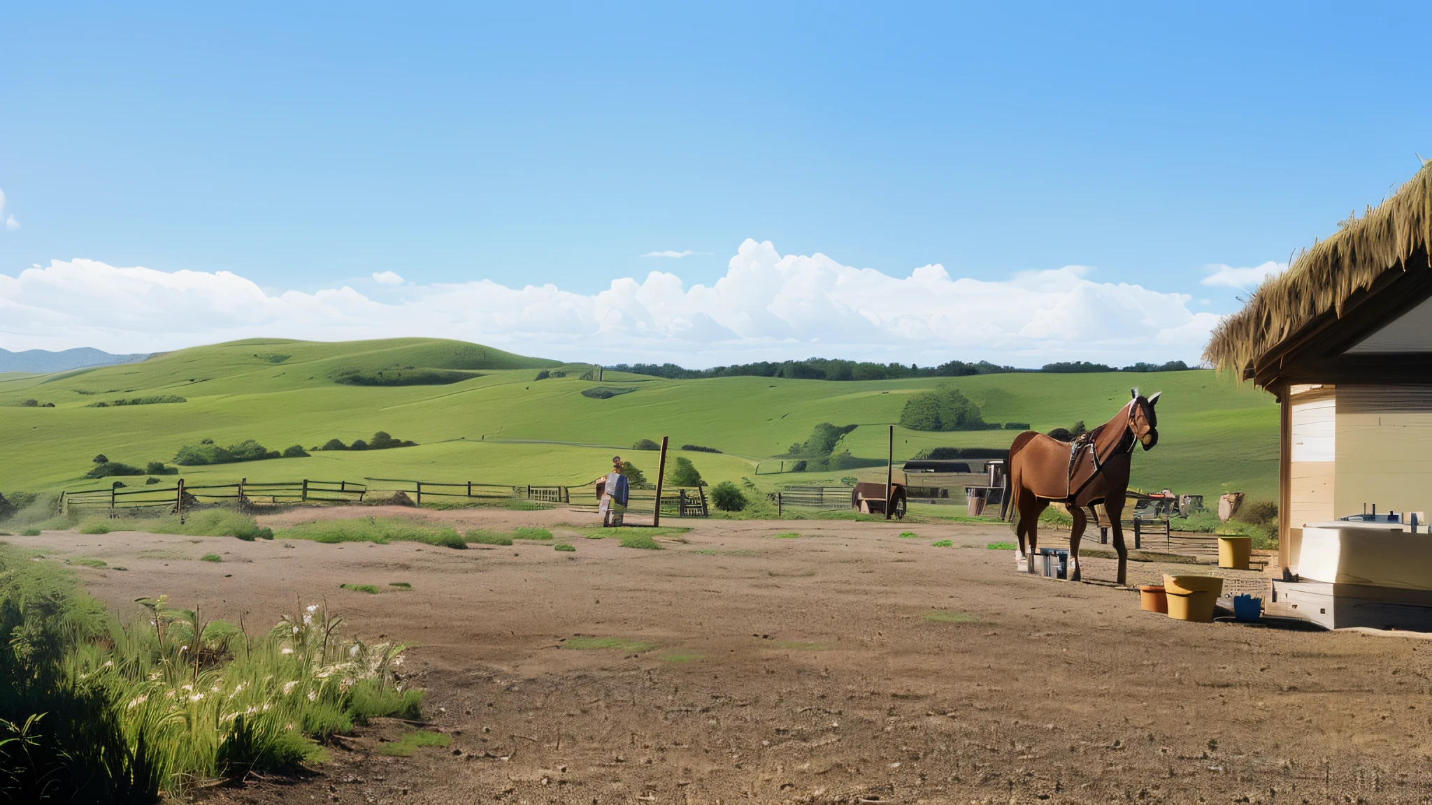 Horse farm scene, add stable details, add tools