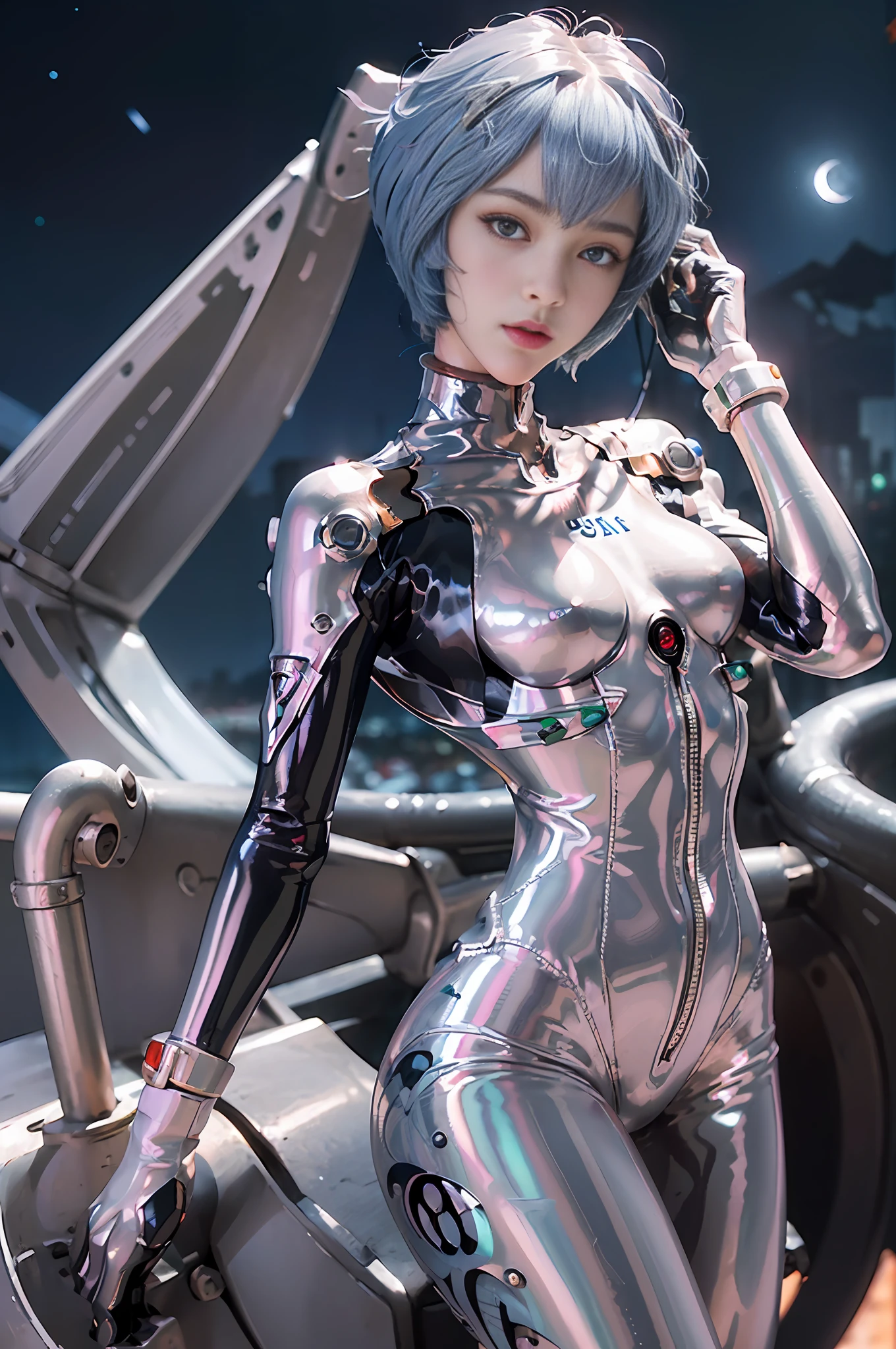 Representative work,NSFW1.1,((Whole body:1.1))))), (Realistic),Photography, Best quality, 1 female,((tall))),Ear fold,(((Rei Ayanami, Plug Suit 00))), (((Red eyes,Beautiful face, Beautiful eyes))))), (((Cute face)), Wet eyes, Face,Detail face, Detail lips, Detail Eyes, (Thin and sharp pale eyebrows, long eyelashes), double eyelids, (seductive smile), (gentle look, fleeting expression))),(turning around pose), (rubber suit with a strong metallic luster and smooth surface), ((((sexy tight metallic shiny latex suit)))), (two thick black lines from thighs to buttocks)))), from the bottom, (upright), (camelt), (smooth body line)), Pale short hair, (((pale thin eyebrows)), beautiful hair, (large round chest), small logo pattern on the chest is zero, mechanical suit, thin long waist, white skin, ((midnight starry sky in the background, large full moon in the background, futuristic city skyline in the background)), (face and eye details: 1.1), loneliness, blush, (shy)), very delicate and beautiful girl, small logo pattern on the chest is 00, Standing, (((legs closed pose)), (to8 contrast style), small egg-shaped psychosensory apparatus on either side of the head