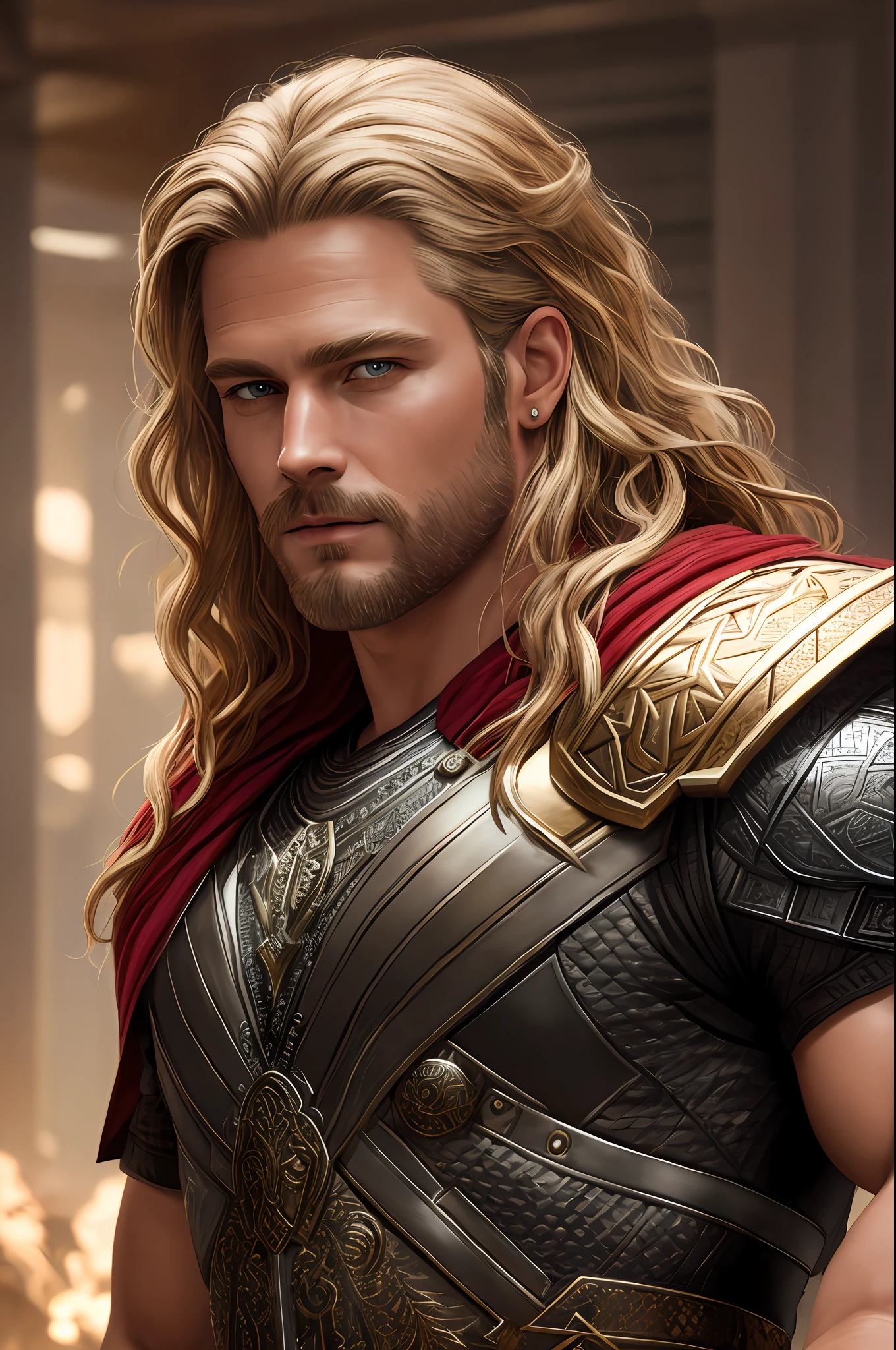 Thor,ultra realistic details)), portrait, global lighting, shadows, octane render, 8k, ultra sharp, metal, intricate, detailed ornaments, cool colors, Egyptian detail, highly intricate details, realistic light with hammer raised