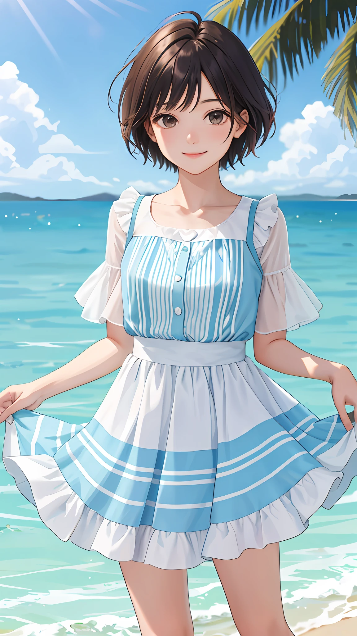 Kai Kokoai, Looks exactly like Kai Kokoai, smile, STU48's favorite person, STU48's 3rd single "I love it" costume, STU48's single lover costume, very short hair, more short hair, short short hair, short short hair, dark brown hair, 1 girl, 18 years old, photo, realistic, top quality, detailed face, strong sunlight, sea, embankment, detailed background, Diffused sunlight, depth of field, bokeh (top quality: 1.2), (masterpiece: 1.2), looking at the viewer, white short-sleeved knee-length dress, more thin light blue stripes,