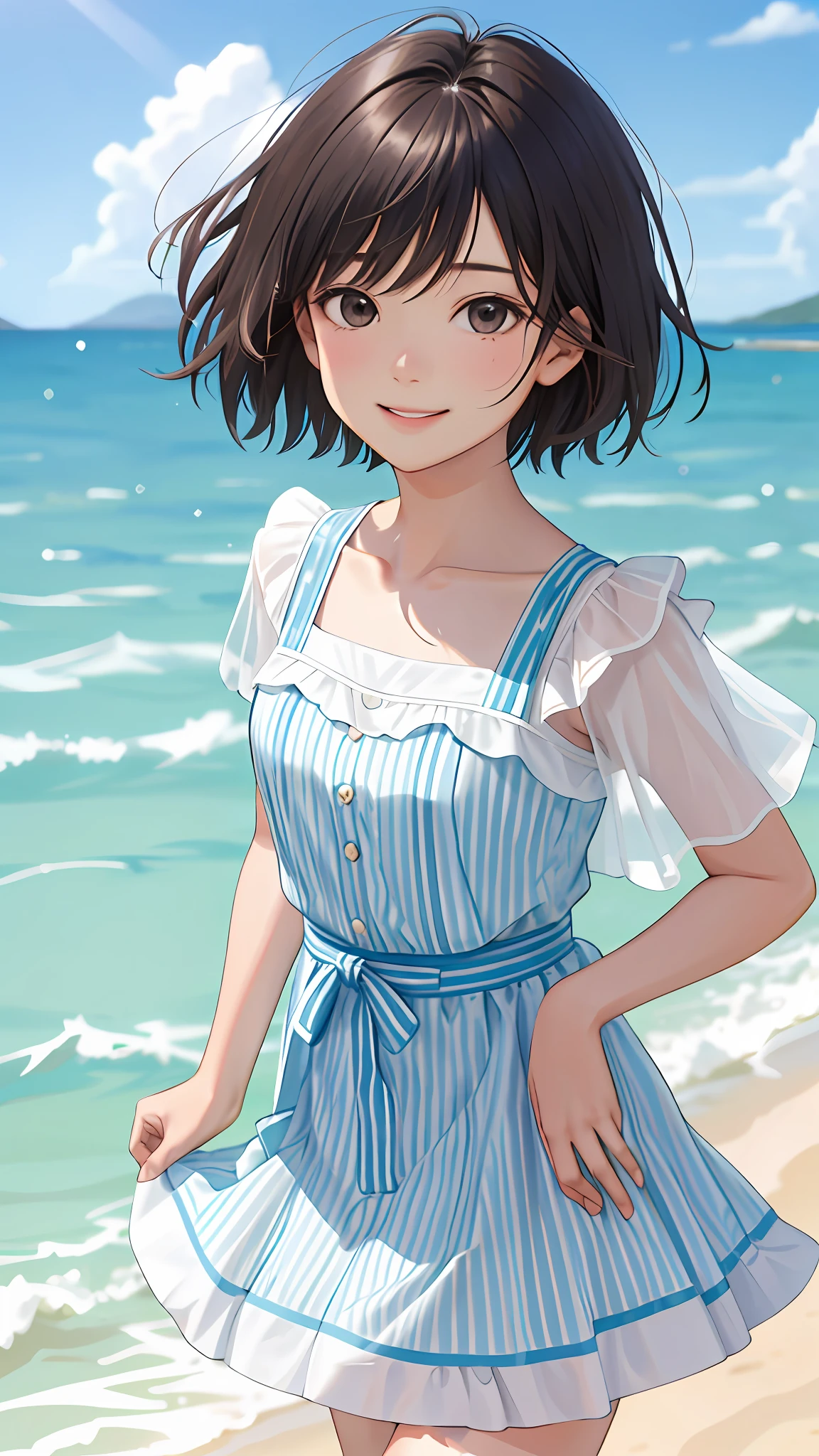 Kai Kokoai, Looks exactly like Kai Kokoai, smile, STU48's favorite person, STU48's 3rd single "I love it" costume, STU48's single lover costume, very short hair, more short hair, short short hair, short short hair, dark brown hair, 1 girl, 18 years old, photo, realistic, top quality, detailed face, strong sunlight, sea, embankment, detailed background, Diffused sunlight, depth of field, bokeh (top quality: 1.2), (masterpiece: 1.2), looking at the viewer, white short-sleeved knee-length dress, more thin light blue stripes,