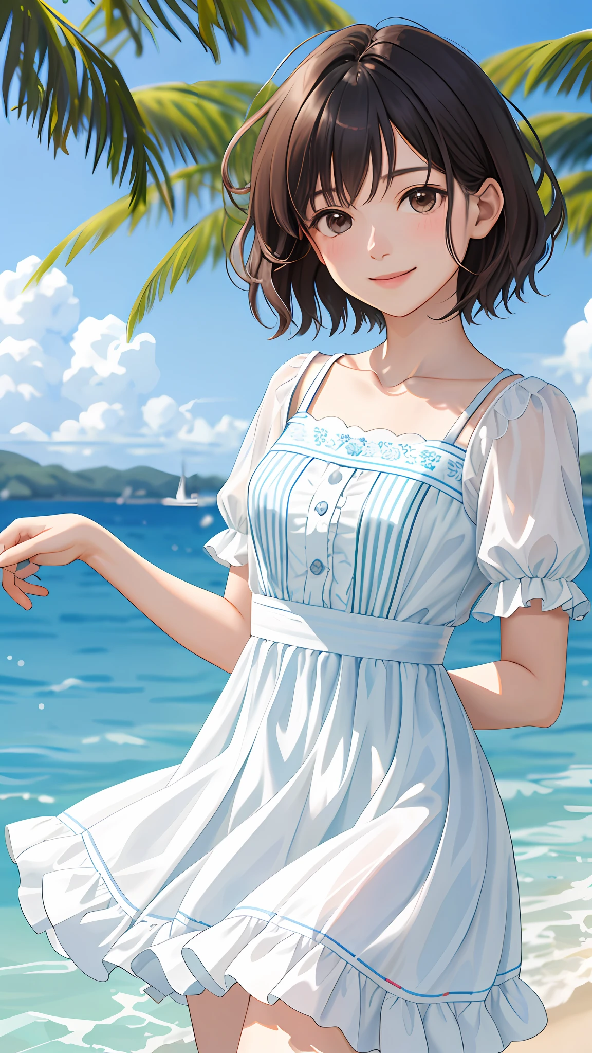 Kai Kokoai, Looks exactly like Kai Kokoai, smile, STU48's favorite person, STU48's 3rd single "I love it" costume, STU48's single lover costume, very short hair, more short hair, short short hair, short short hair, dark brown hair, 1 girl, 18 years old, photo, realistic, top quality, detailed face, strong sunlight, sea, embankment, detailed background, Diffused sunlight, depth of field, bokeh (top quality: 1.2), (masterpiece: 1.2), looking at the viewer, white short-sleeved knee-length dress, more thin light blue stripes,