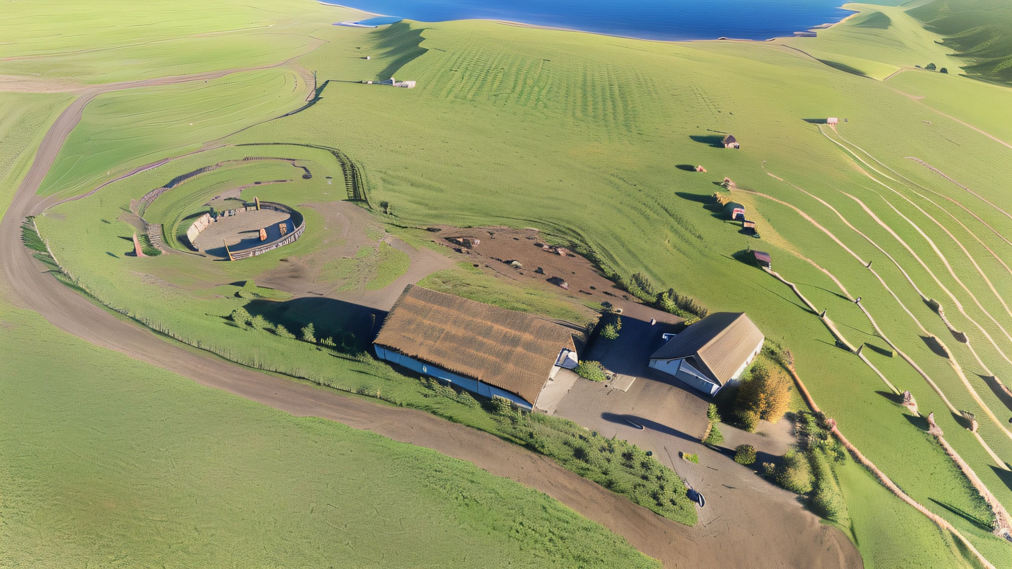 Real photography, aerial photography, prairie horse farm, stables, horse running, real daylight