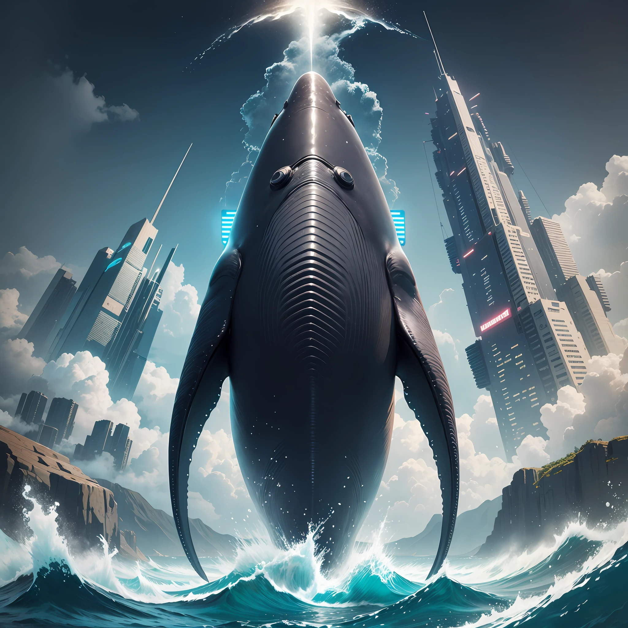 A whale in cyberpunk form, in the middle of the sea, jumping on the surface of the sea, black,