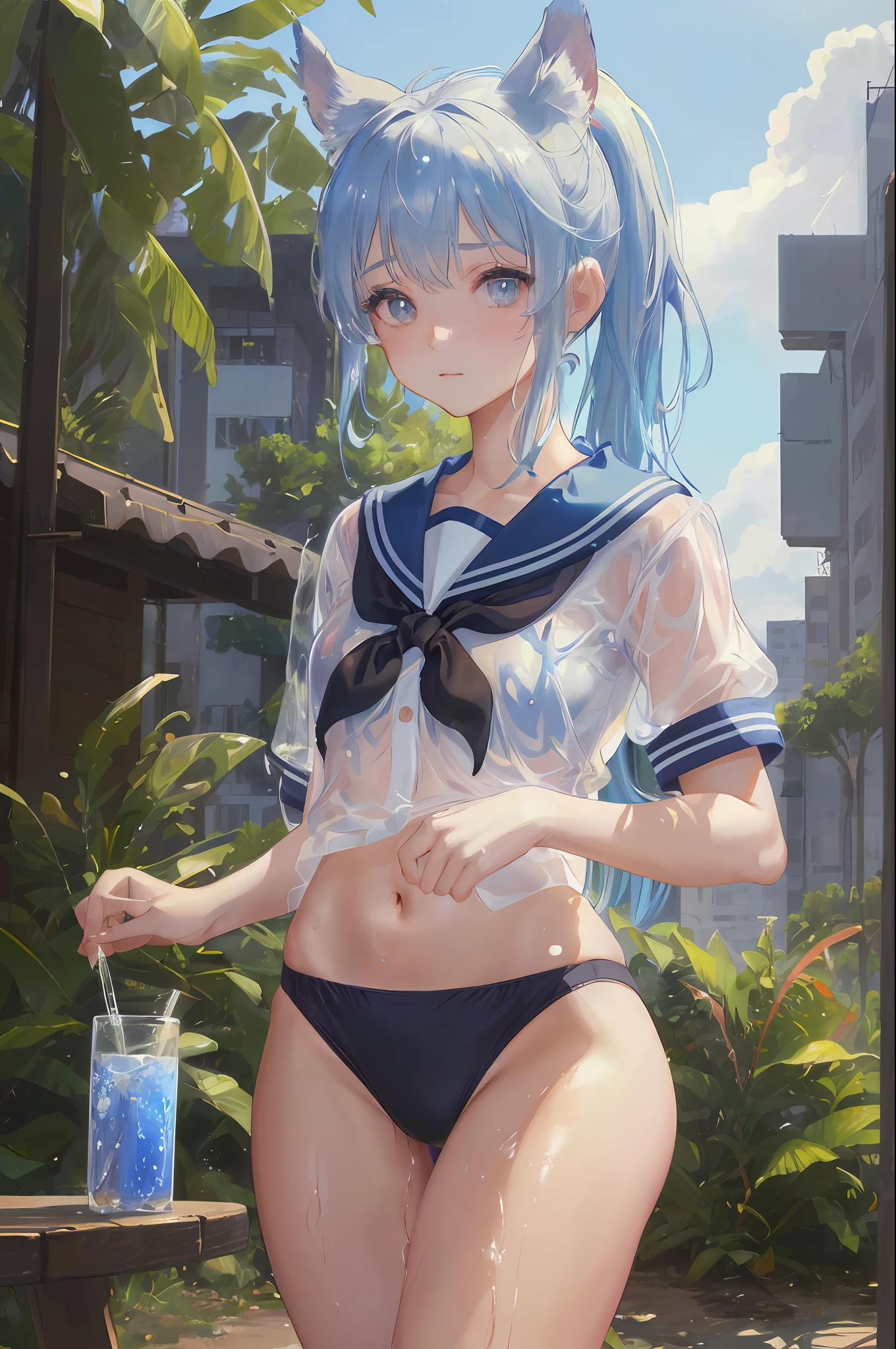 Cornflower art, dreamy, (masterpiece, top quality, perfect anatomy, beautiful face, realistic, super detailed, 1 girl, 18 ears senile, solo, depth of field, canon 24mm lens, f1.4, cute_girl, sailor_ collar, clear facial features, short sleeves, small breasts, slender height, height 170, barefoot, double ponytail, bangs, gravure pose, outdoor, jungle, Blurred background, (Uwabaki: 1.1576)) whole body, clear liquid dripping from the crotch, the front of the shirt is exposed, breasts are visible, transparent bra, light blue striped buns, erotic, , NSFW movie,