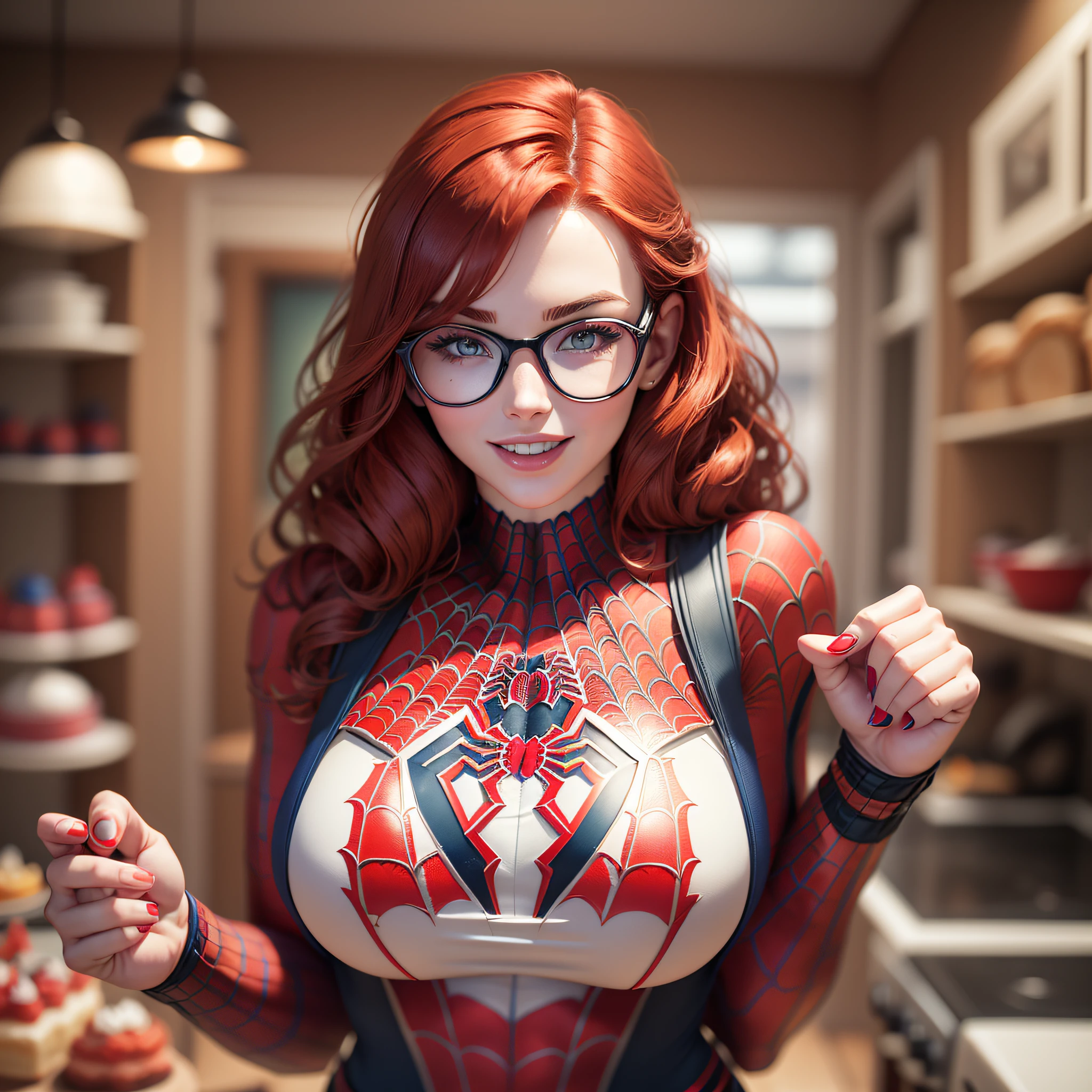 Young woman wearing thin-framed round glasses, red hair, ((wearing spider-man-themed colan)), (big chest, 18-year-old girl, gorgeous)), with large breasts. Photorealistic face, realistic, realistic eyes, smile. Themed kitchen background with lots of birthday cakes. ultra realistic model. --auto --s2
