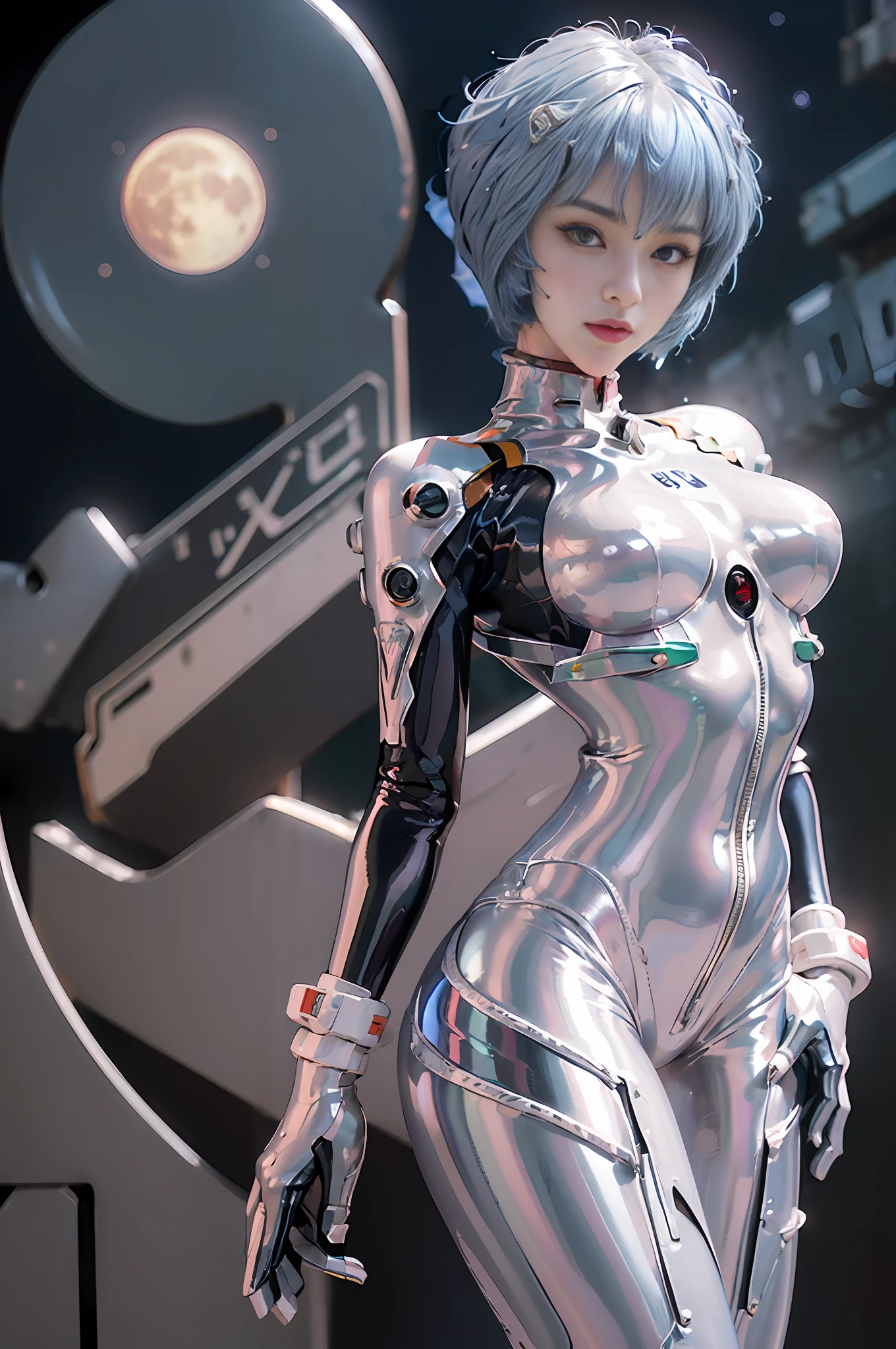 Representative work,NSFW1.1,((Whole body:1.1))))), (Realistic),Photography, Best quality, 1 female,((tall))),Ear fold,(((Rei Ayanami, Plug Suit 00))), (((Red eyes,Beautiful face, Beautiful eyes))))), (((Cute face)), Wet eyes, Face,Detail face, Detail lips, Detail Eyes, (Thin and sharp pale eyebrows, long eyelashes), double eyelids, (seductive smile), (gentle look, fleeting expression))),(turning around pose), (rubber suit with a strong metallic luster and smooth surface), ((((sexy tight metallic shiny latex suit)))), (two thick black lines from thighs to buttocks)))), from the bottom, (upright), (camelt), (smooth body line)), Pale short hair, (((pale thin eyebrows)), beautiful hair, (large round chest), small logo pattern on the chest is zero, mecha suit, thin long waist, white skin, ((midnight starry sky in the background, large full moon in the background, futuristic city skyline in the background)), (face and eye details: 1.1), loneliness, blush, (shy)), very delicate and beautiful girl, small logo pattern on the chest is zero, Standing, (((legs closed pose)), (to8 contrast style), small egg-shaped psychosensory apparatus on either side of the head