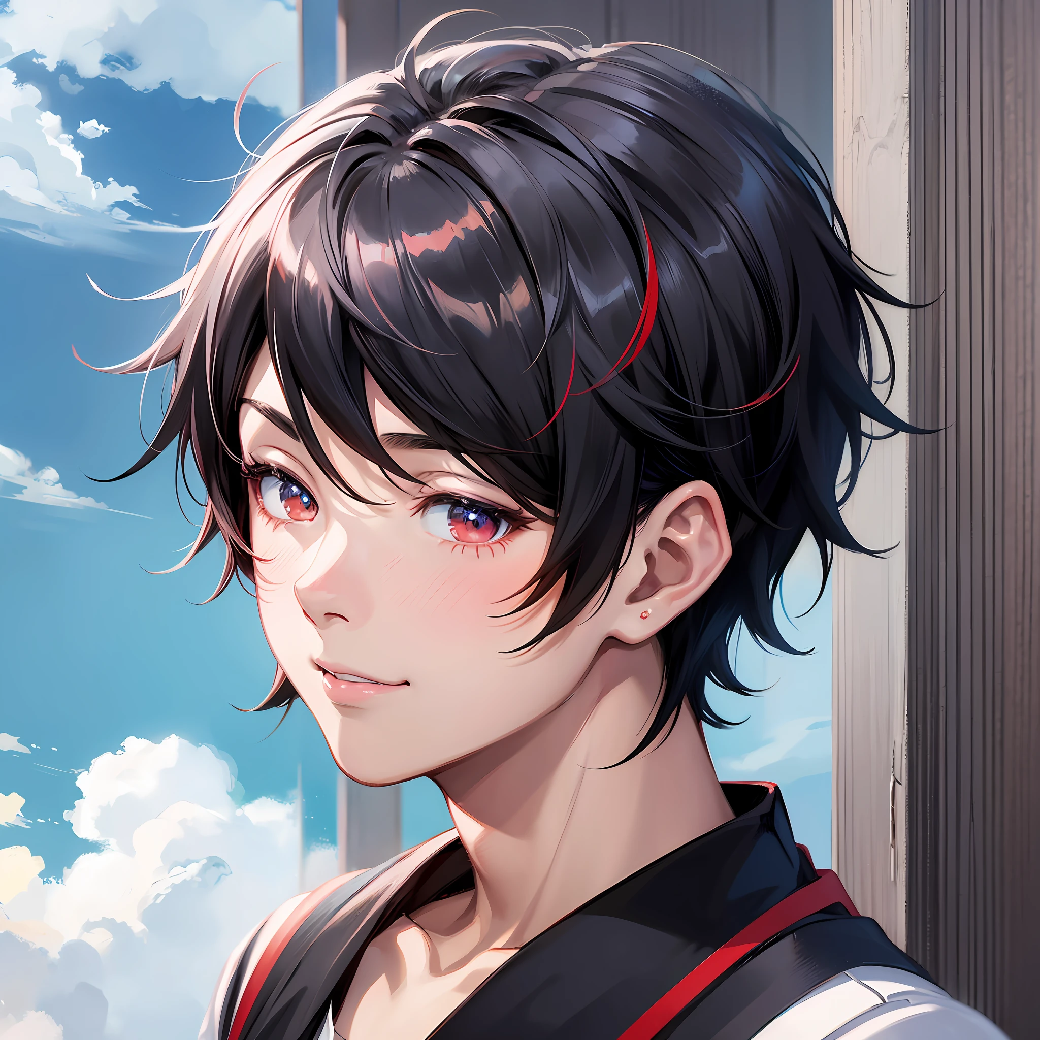 Anime boy black short hair and red bow, young handsome anime boy, close-up of a young anime boy, cute anime face, Ilya Kuvshinov short hair, handsome anime face, anime art style, smile, blue sky and white cloud background --auto --s2