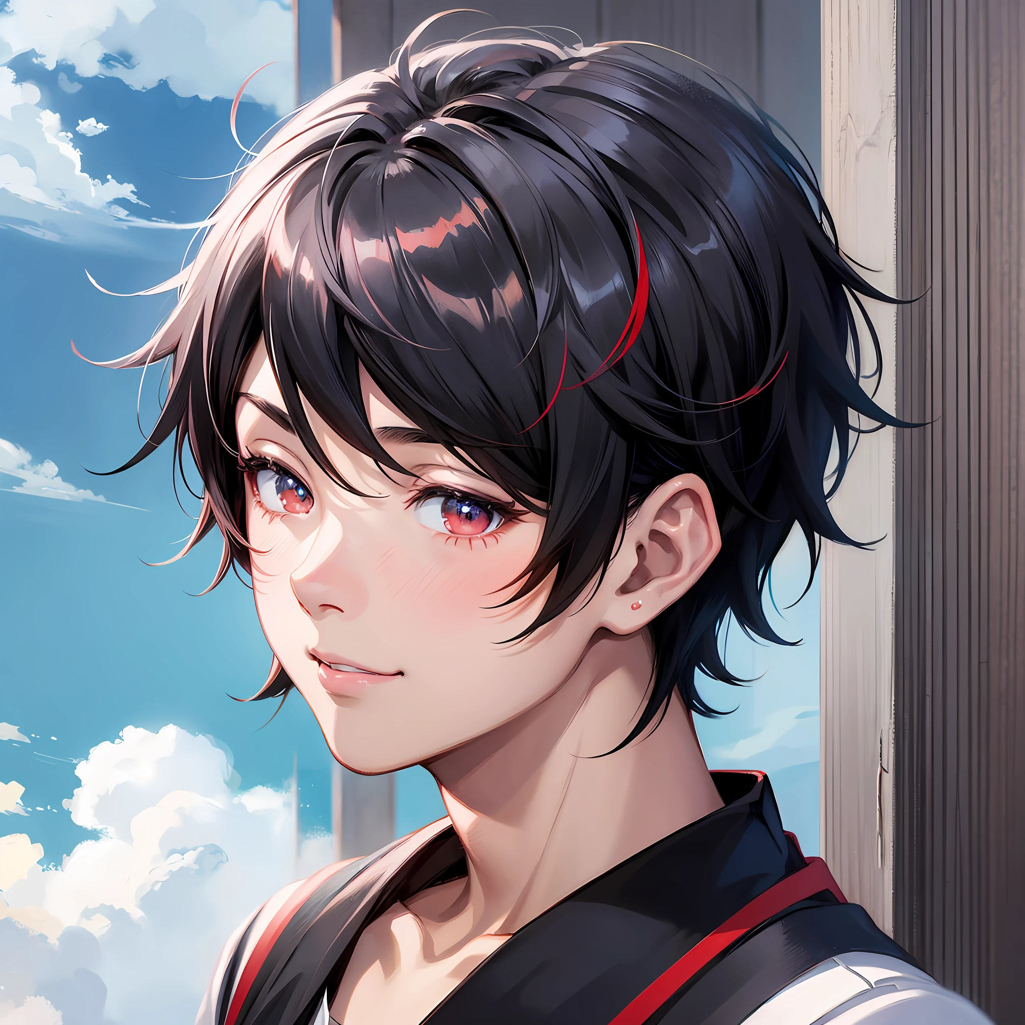 Anime boy black short hair and red bow, young handsome anime boy, close-up of a young anime boy, cute anime face, Ilya Kuvshinov short hair, handsome anime face, anime art style, smile, blue sky and white cloud background --auto --s2
