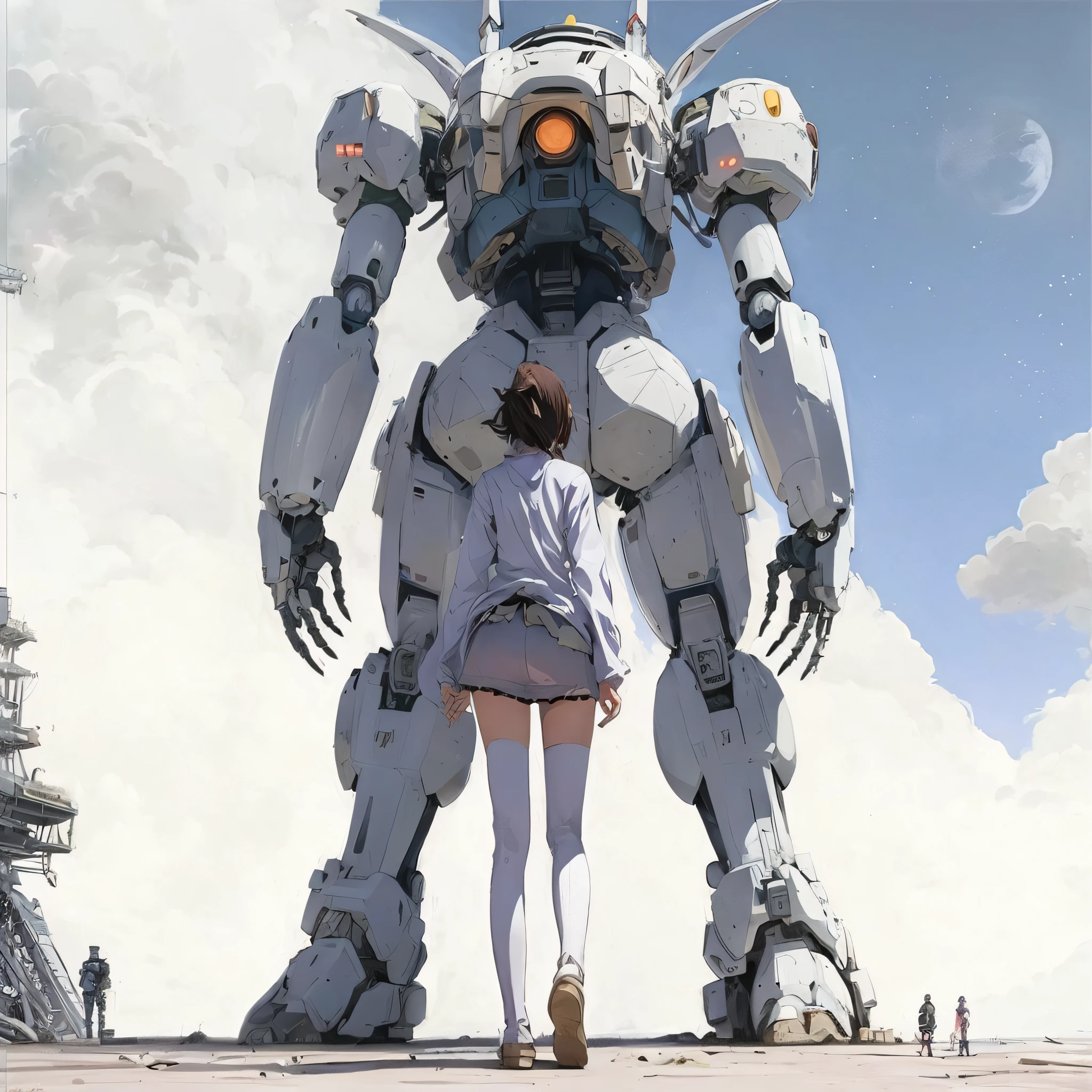 Anime - Female style artwork standing in front of giant robot, giant anime mecha, mecha aesthetic, anime mecha aesthetic, mecha anime, big mecha, anime large mecha robot, modern mecha anime, anime manga robot!! Anime girls, mecha art, anime robots mixed with organic