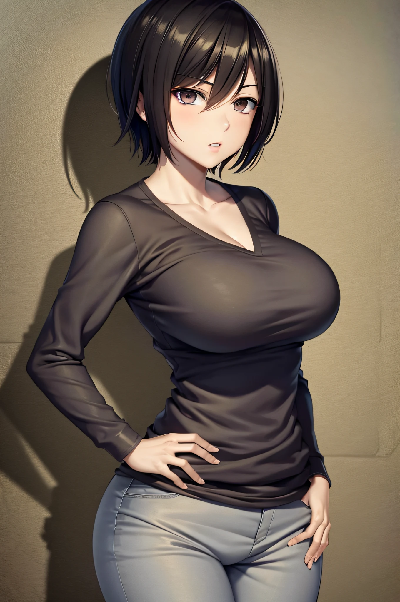 (Mikasa Ackerman) beautiful, big breasts, tight grey meslin pants, great quality, extremely detailed face