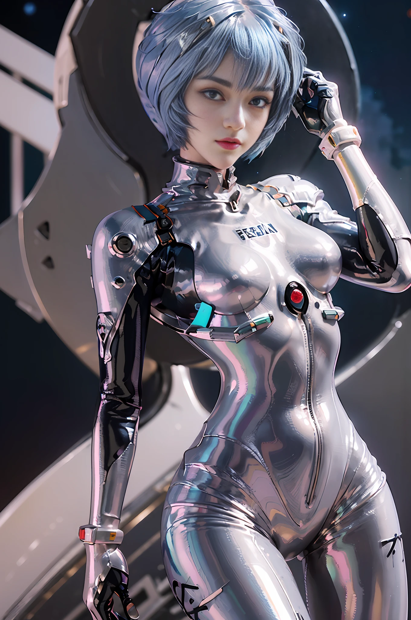 Representative work,NSFW1.1,((Whole body:1.1))))), (Realistic),Photography, Best quality, 1 female,((tall))),Ear fold,(((Rei Ayanami, Plug Suit 00))), (((Red eyes,Beautiful face, Beautiful eyes))))), (((Cute face)), Wet eyes, Face,Detail face, Detail lips, Detail Eyes, (Thin and sharp pale eyebrows, long eyelashes), double eyelids, (seductive smile), (gentle look, fleeting expression))),(turning around pose), (rubber suit with a strong metallic luster and smooth surface), ((((sexy tight metallic shiny latex suit)))), (two thick black lines from thighs to buttocks)))), from the bottom, (upright), (camelt), (smooth body line)), Pale short hair, (((pale thin eyebrows)), beautiful hair, (large round chest), small logo pattern on the chest is zero, mecha suit, thin long waist, white skin, ((midnight starry sky in the background, large full moon in the background, futuristic city skyline in the background)), (face and eye details: 1.1), loneliness, blush, (shy)), very delicate and beautiful girl, small logo pattern on the chest is zero, Standing, (((legs closed pose)), (to8 contrast style), small egg-shaped psychosensory apparatus on either side of the head
